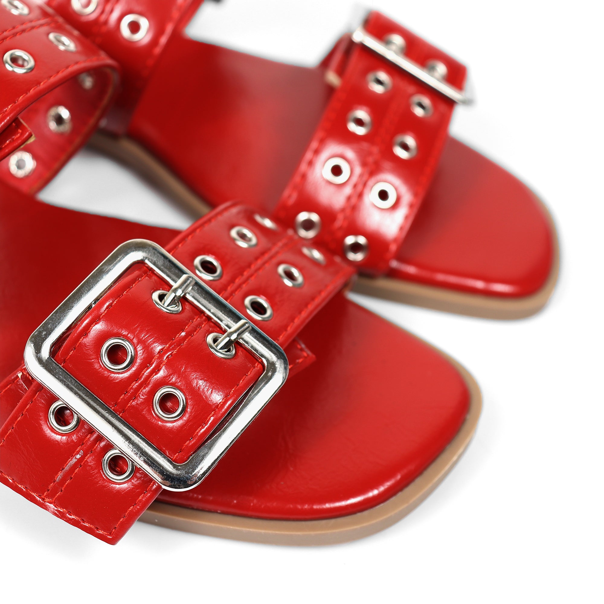 ROBIN-3 DUO STRAP BUCKLE SLIDE SANDAL W/ EYELET RED
