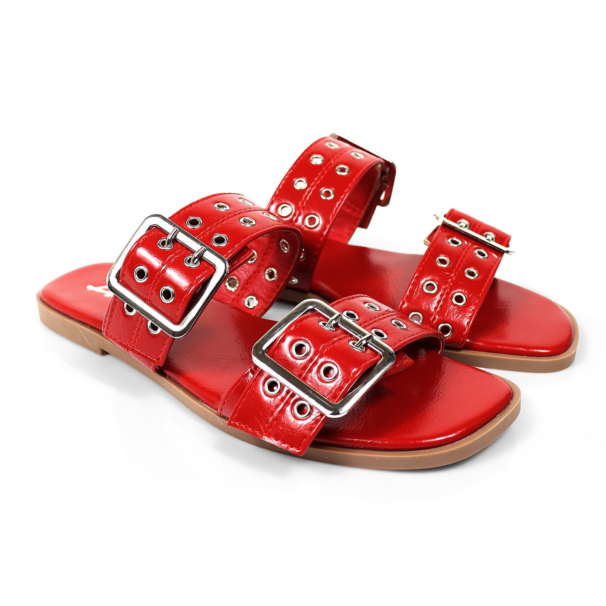 ROBIN-3 DUO STRAP BUCKLE SLIDE SANDAL W/ EYELET RED