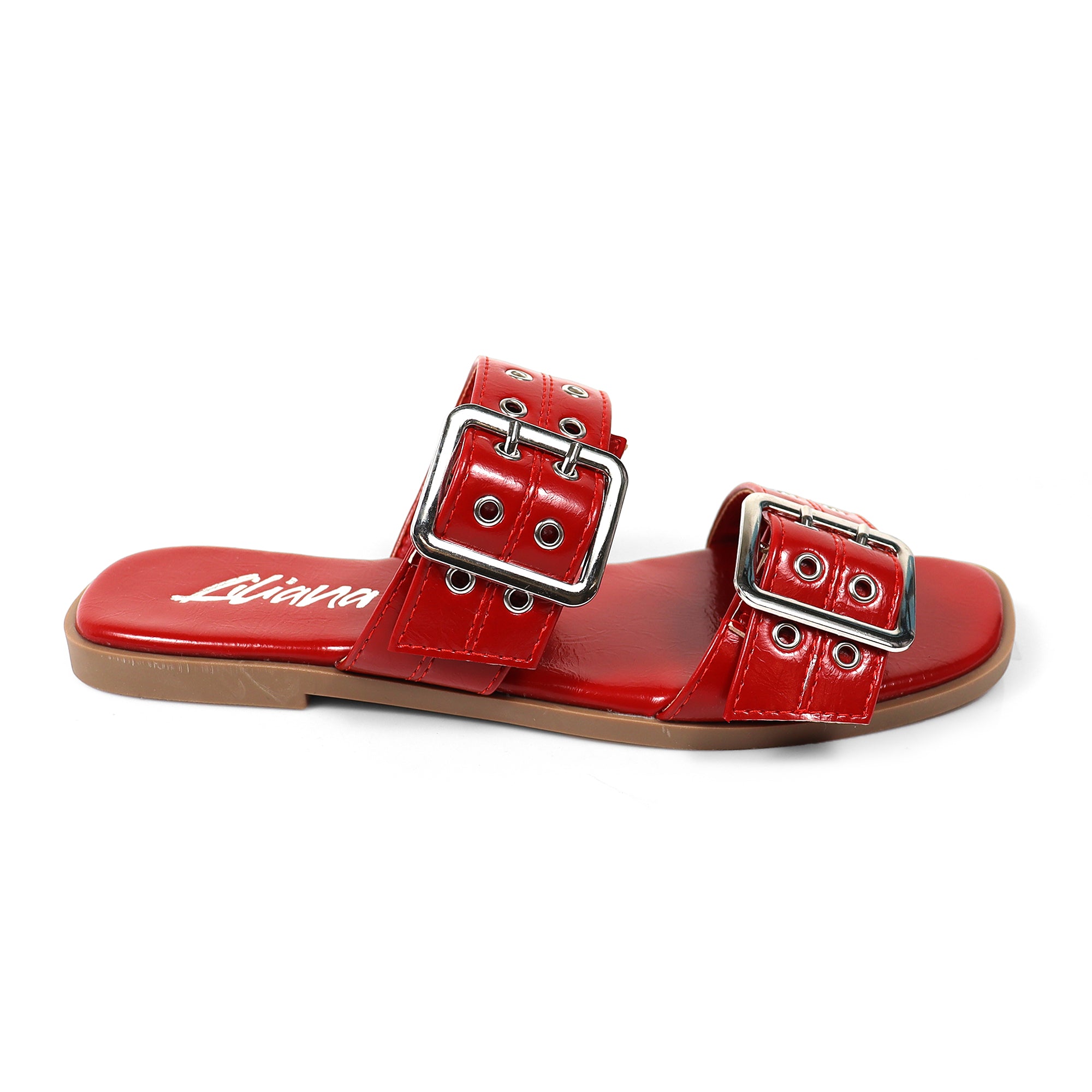 ROBIN-3 DUO STRAP BUCKLE SLIDE SANDAL W/ EYELET RED