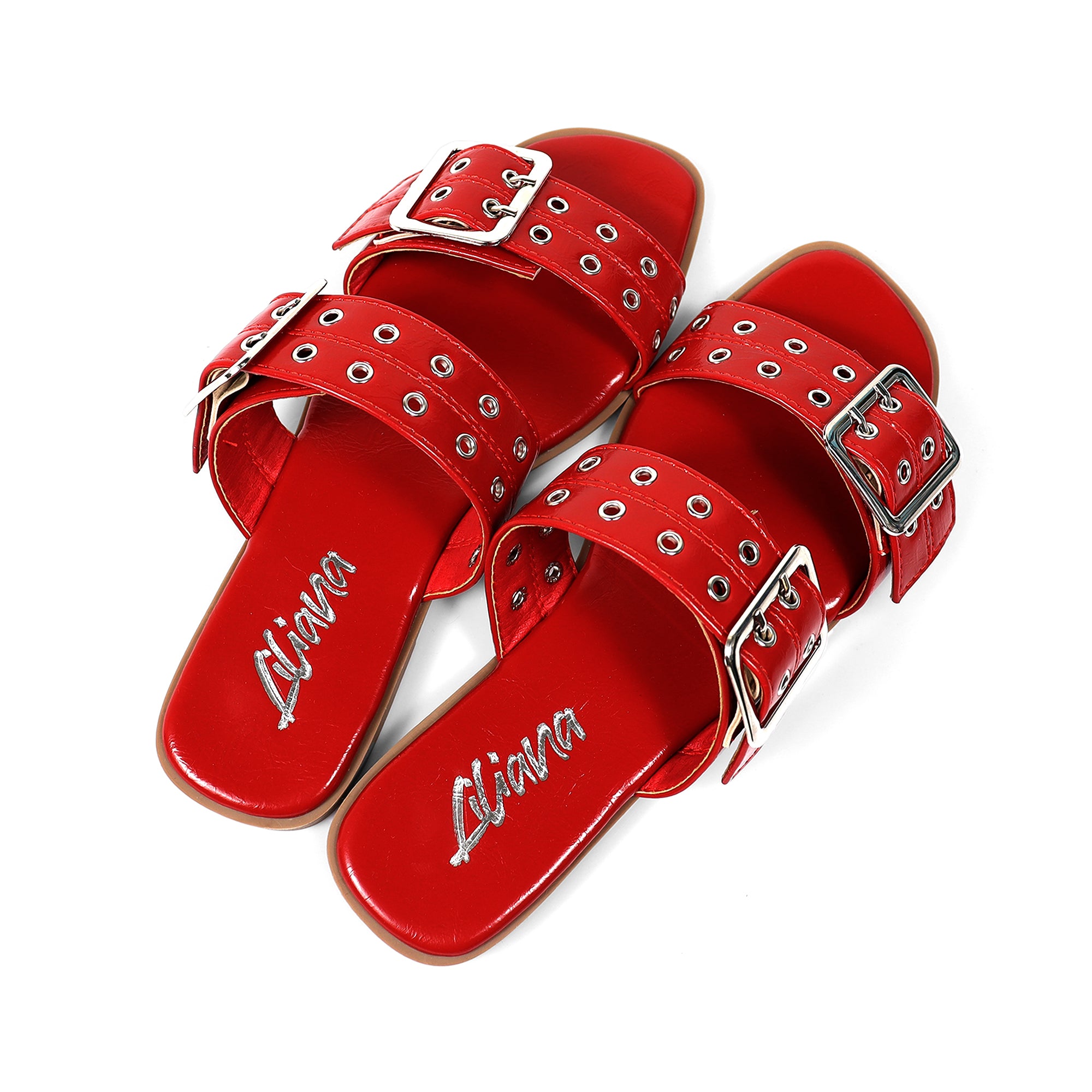 ROBIN-3 DUO STRAP BUCKLE SLIDE SANDAL W/ EYELET RED