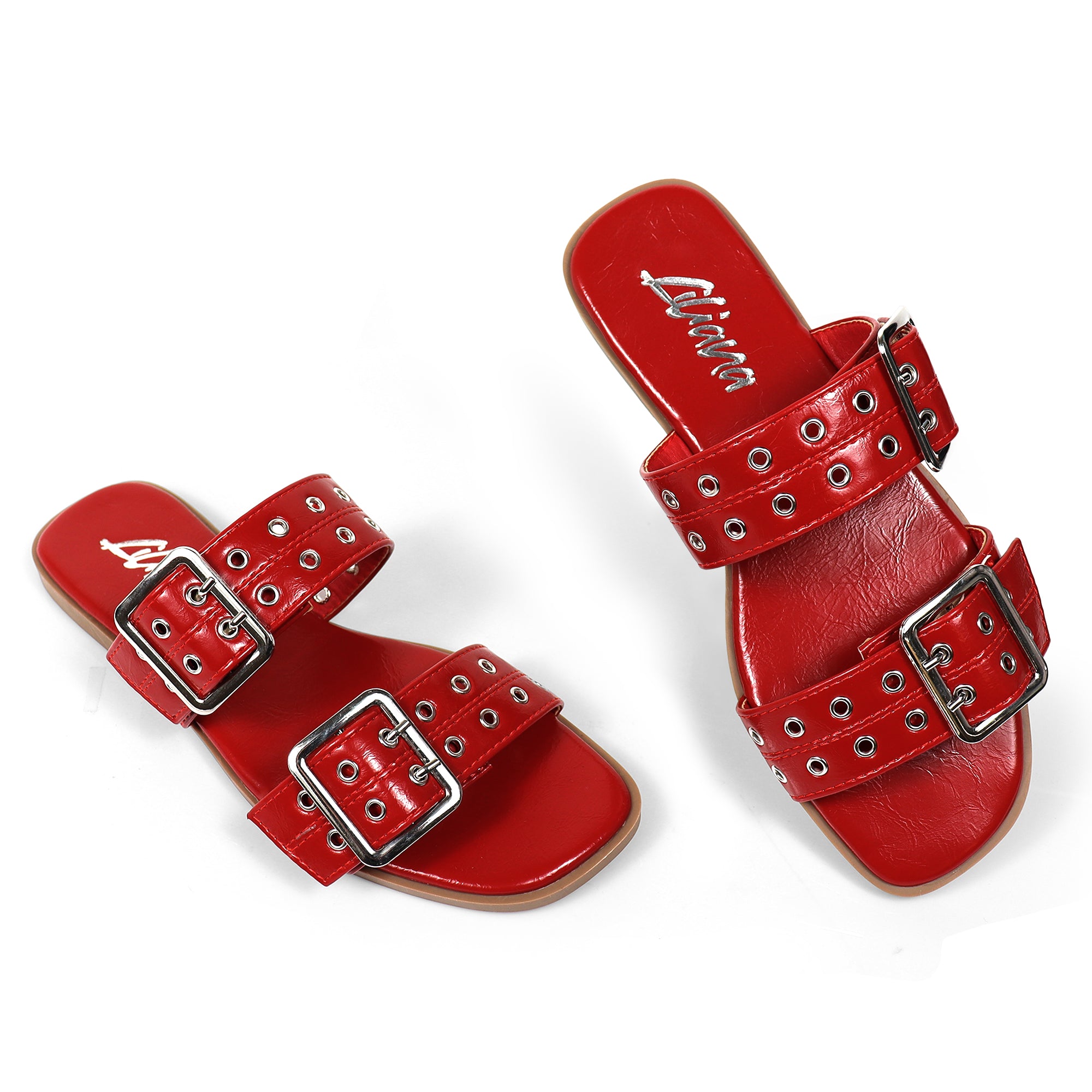 ROBIN-3 DUO STRAP BUCKLE SLIDE SANDAL W/ EYELET RED