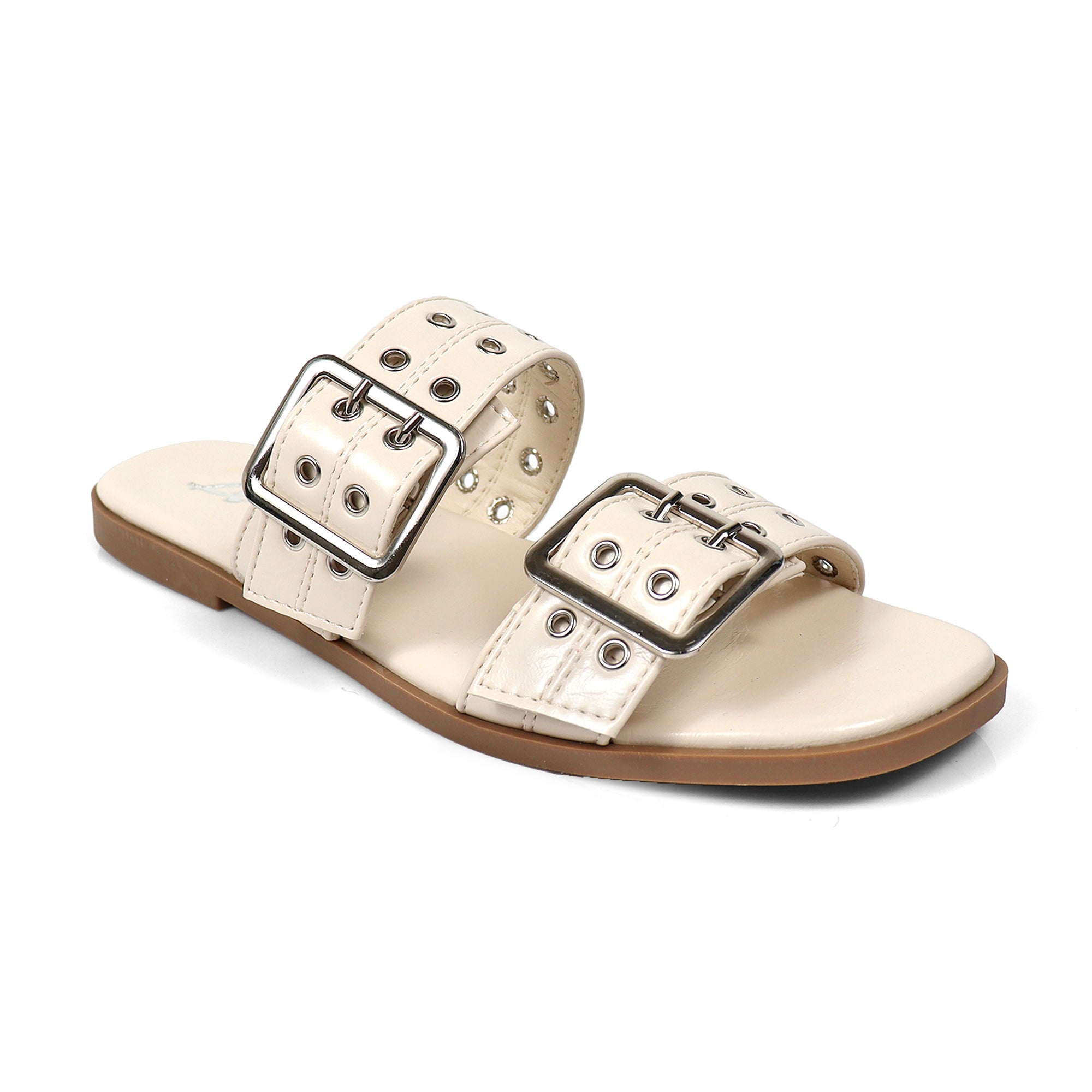 ROBIN-3 DUO STRAP BUCKLE SLIDE SANDAL W/ EYELET WHITE