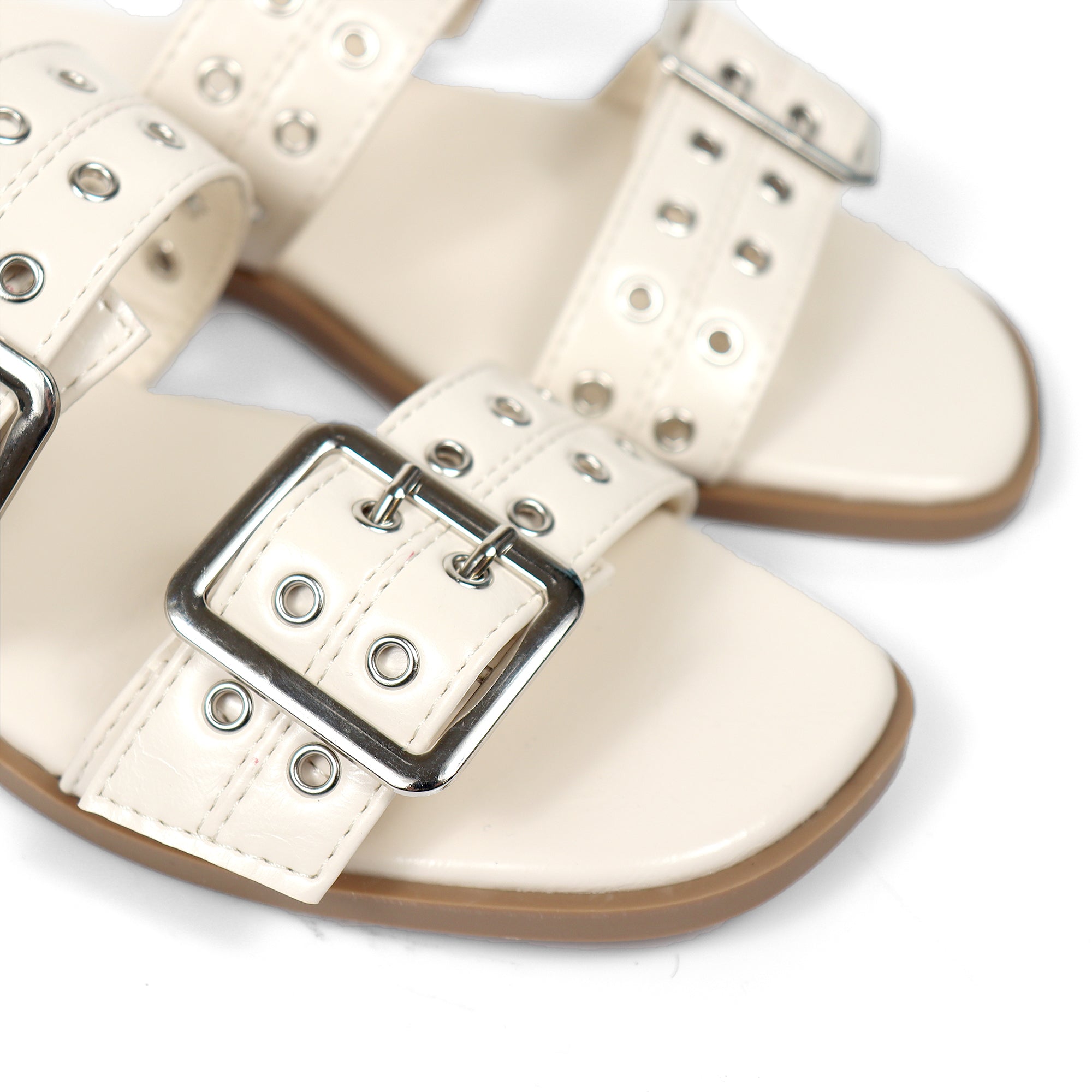 ROBIN-3 DUO STRAP BUCKLE SLIDE SANDAL W/ EYELET WHITE