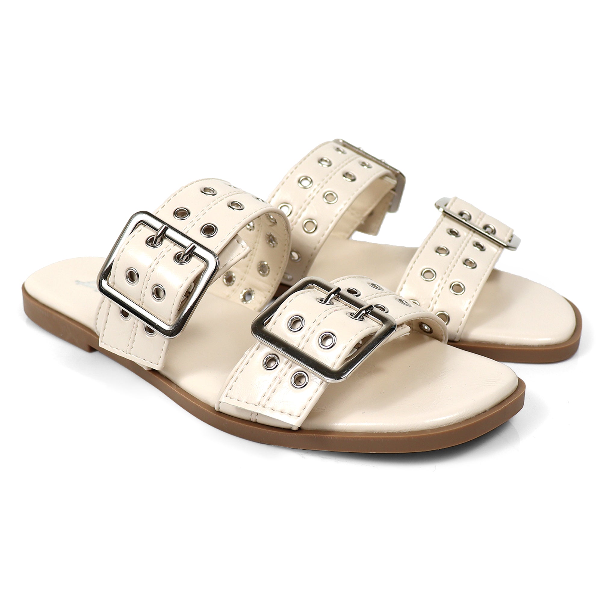 ROBIN-3 DUO STRAP BUCKLE SLIDE SANDAL W/ EYELET WHITE