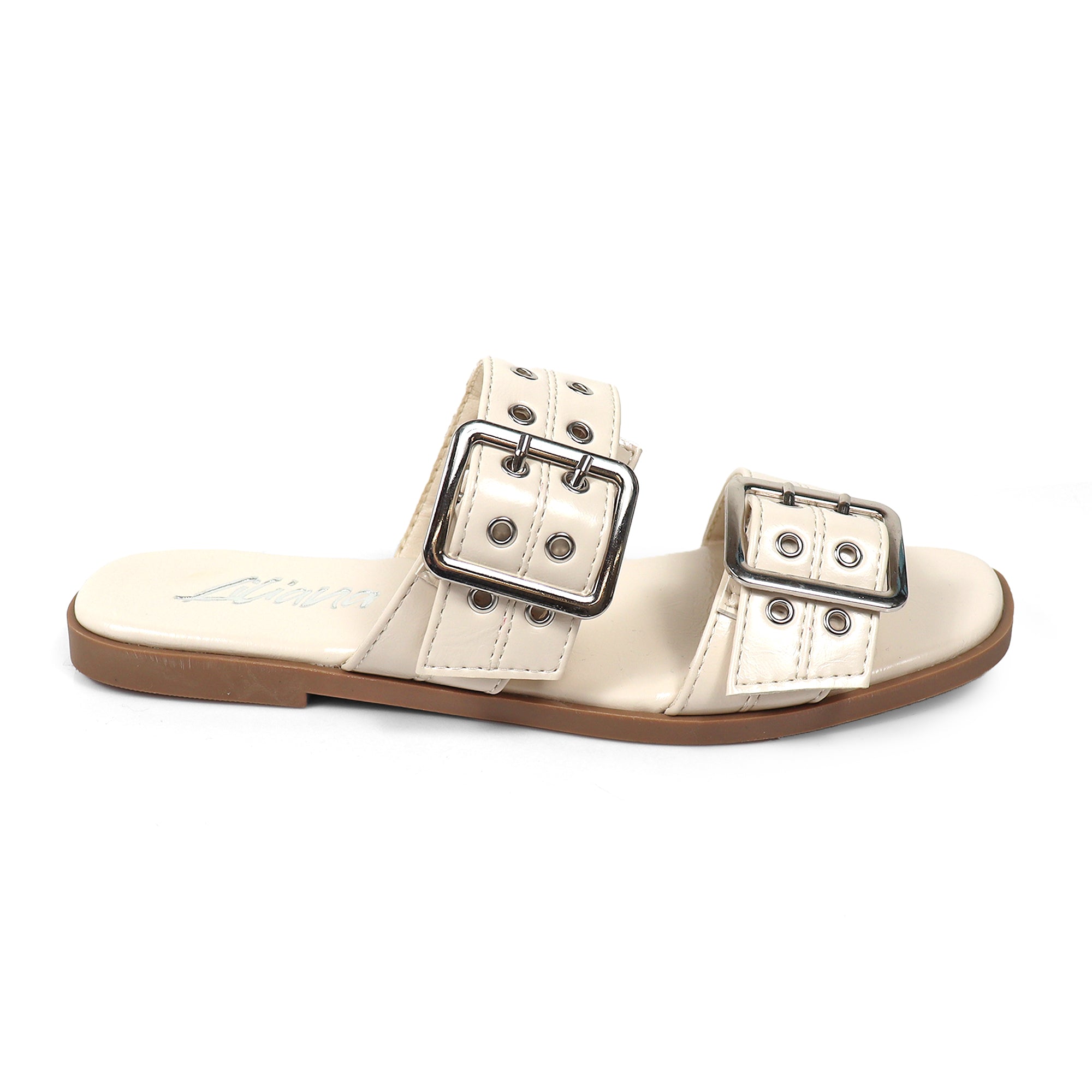 ROBIN-3 DUO STRAP BUCKLE SLIDE SANDAL W/ EYELET WHITE