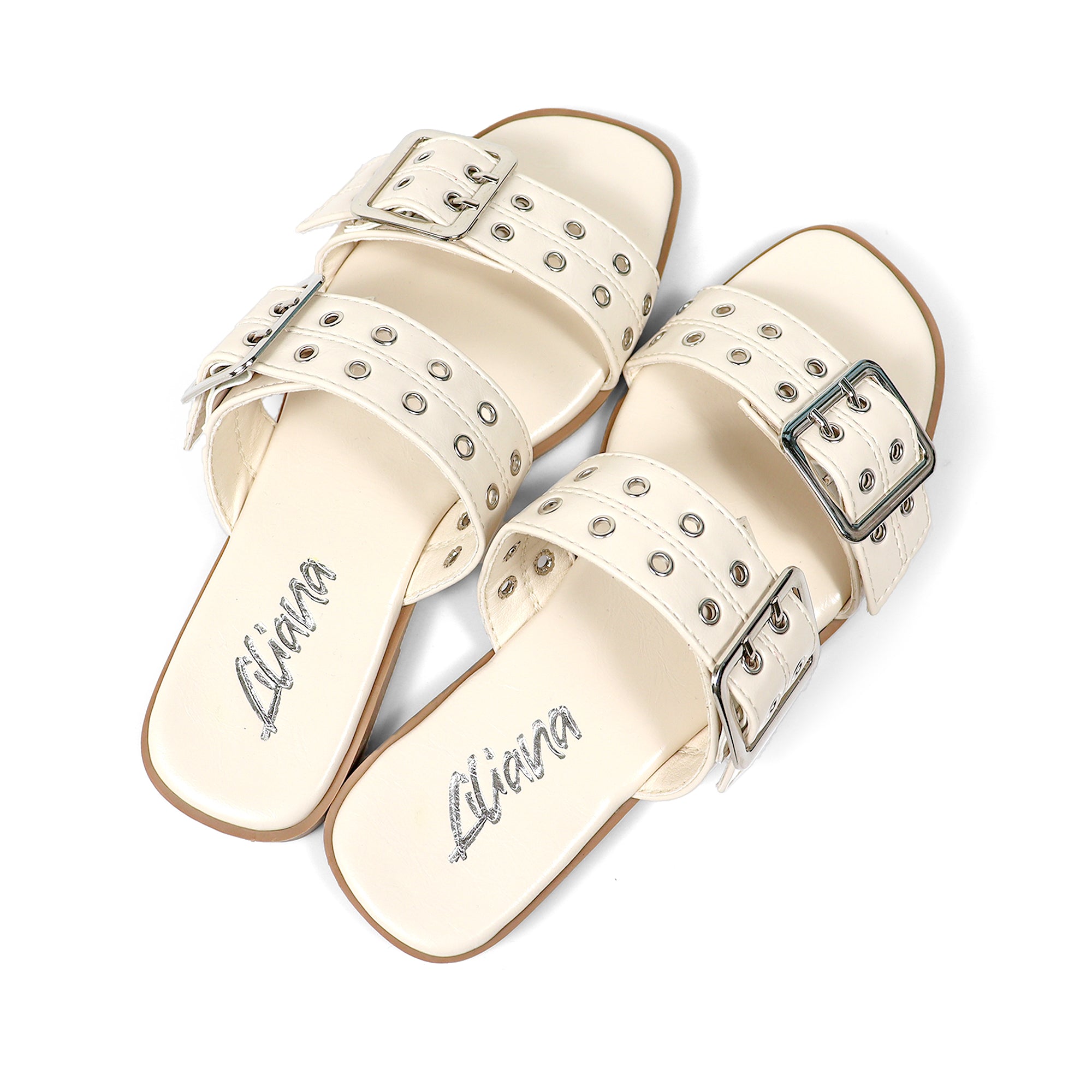 ROBIN-3 DUO STRAP BUCKLE SLIDE SANDAL W/ EYELET WHITE