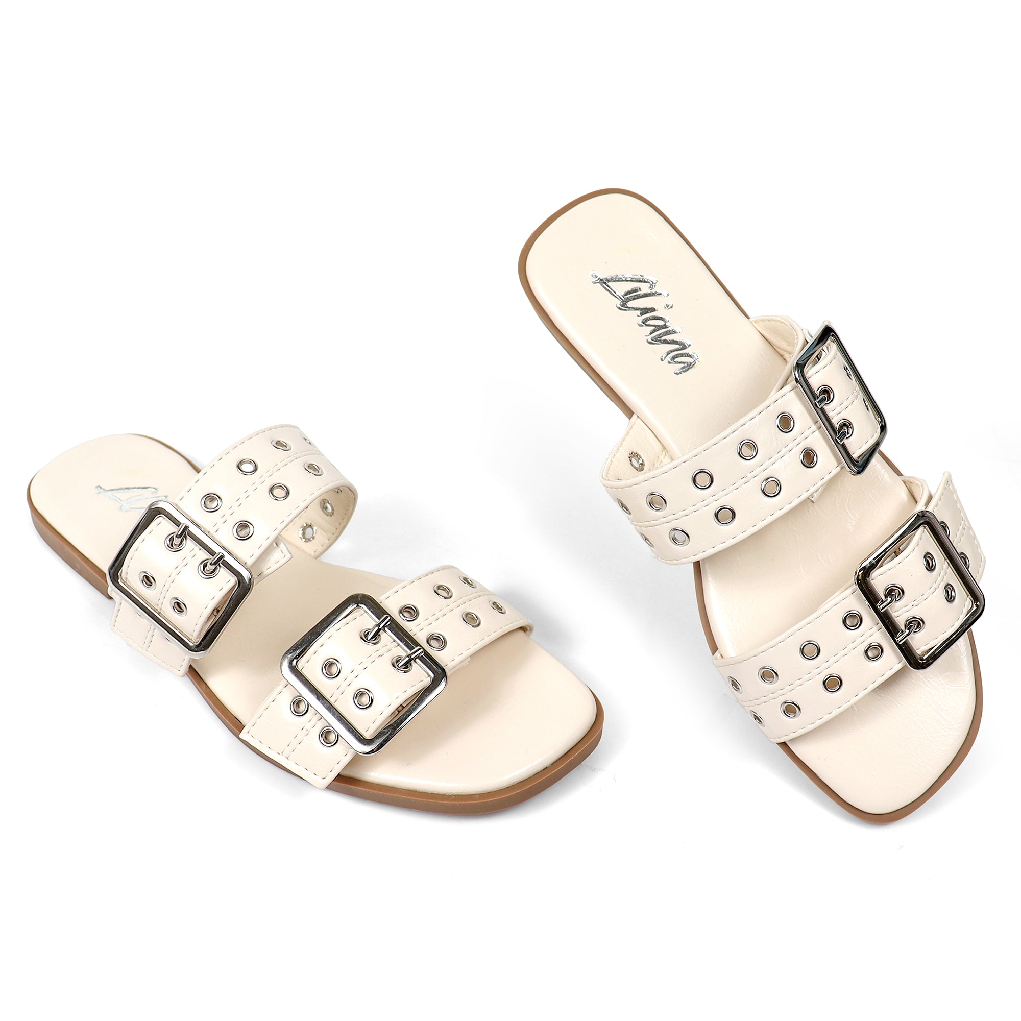 ROBIN-3 DUO STRAP BUCKLE SLIDE SANDAL W/ EYELET WHITE