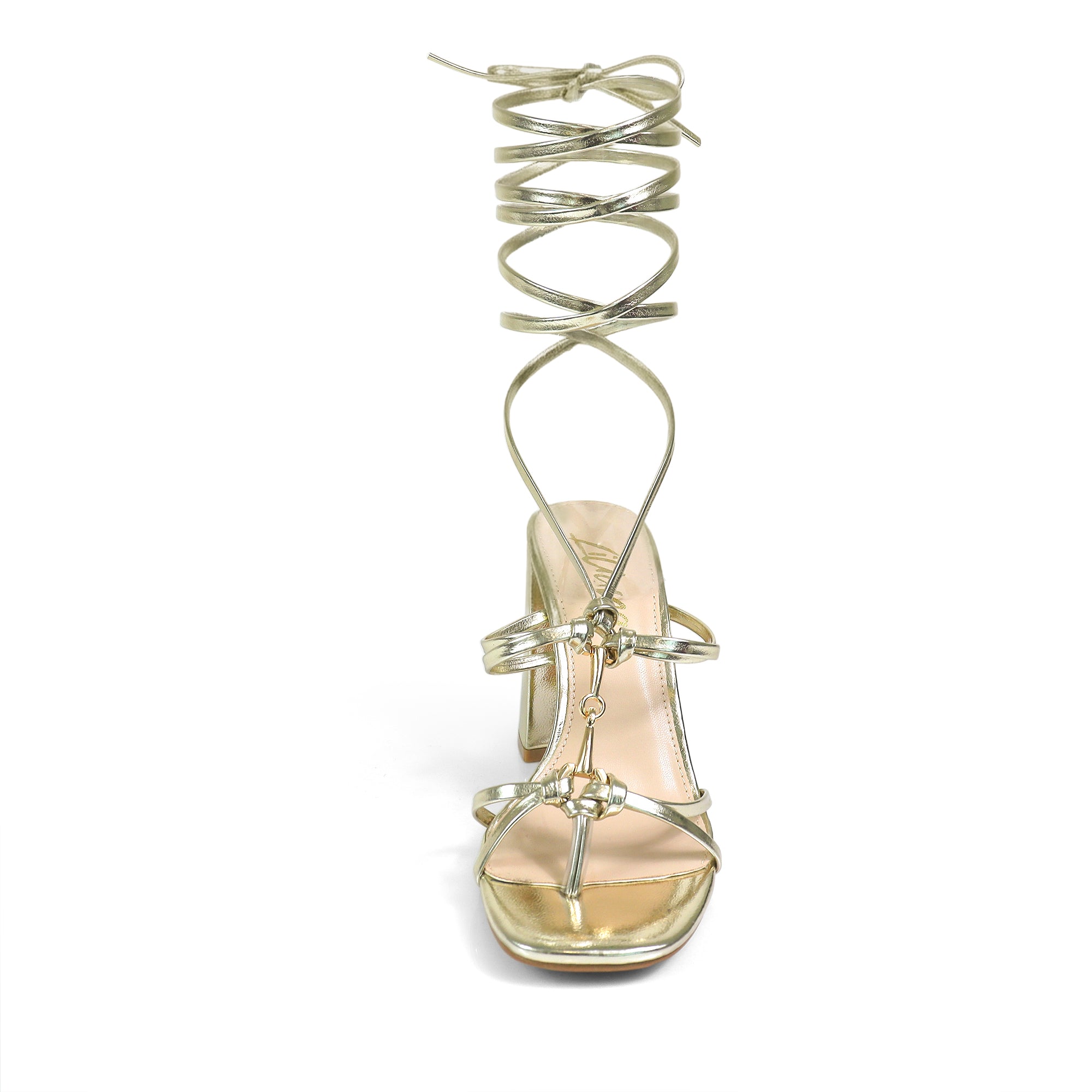 RODEO-3 HORSEBIT ANKLE STRAP LACE UP W/BLOCK HEEL GOLD