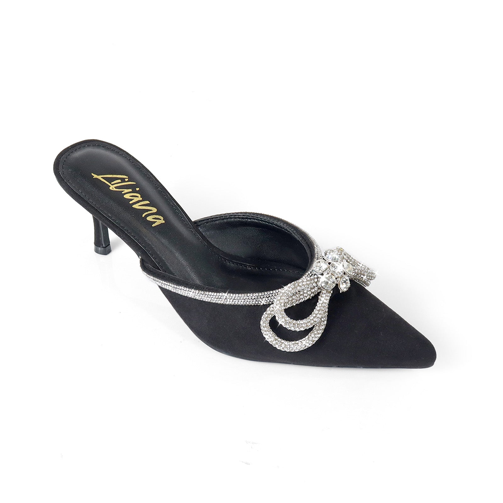 ROMANTIQ-1 POINTED TOE RHINESTONE BOW MULES W/KITTEN BLACK