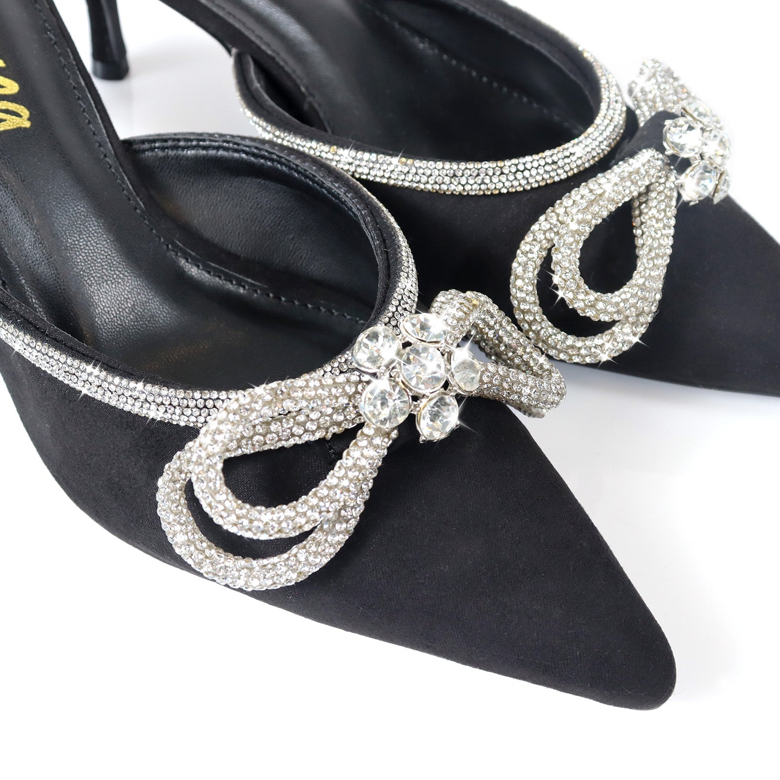ROMANTIQ-1 POINTED TOE RHINESTONE BOW MULES W/KITTEN BLACK