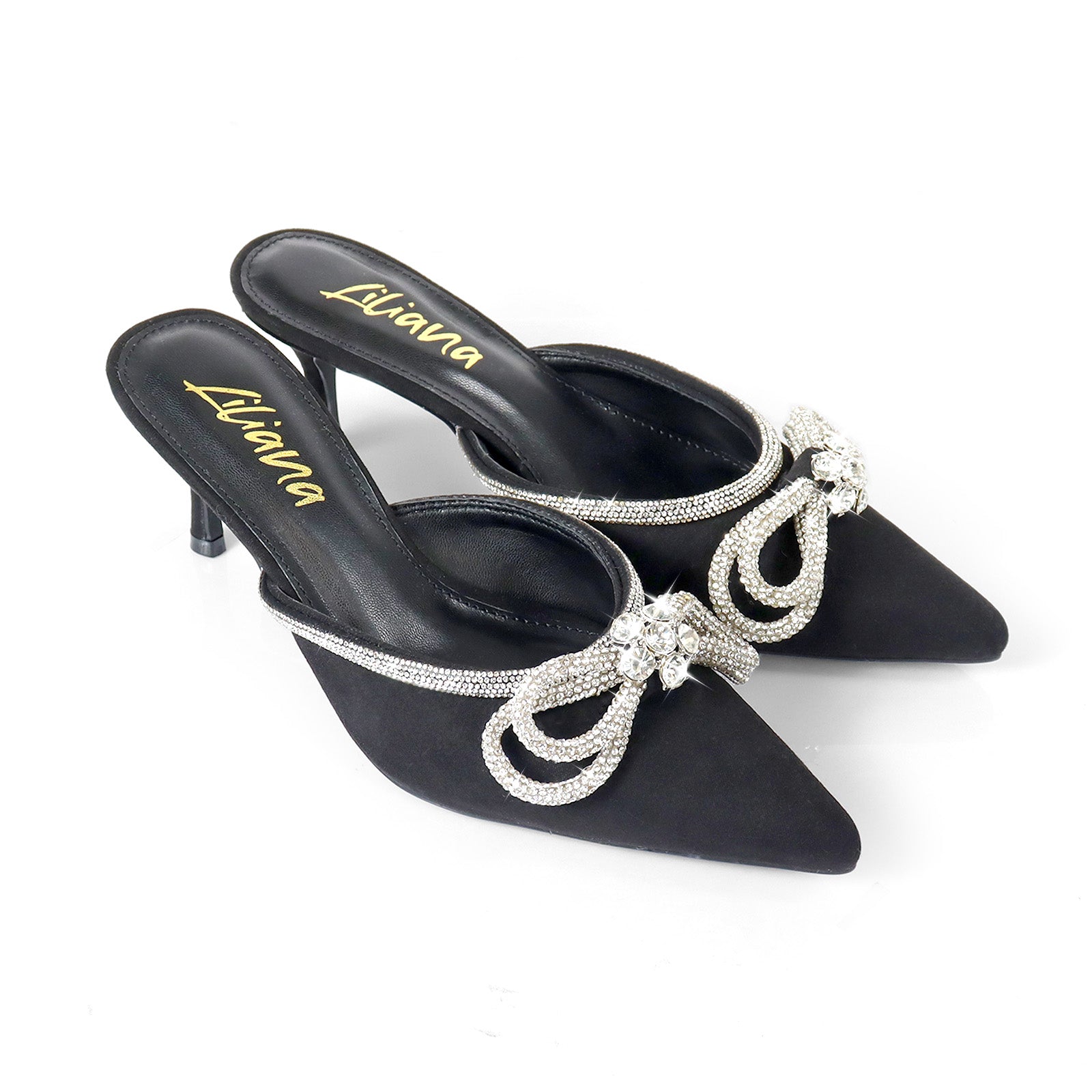 ROMANTIQ-1 POINTED TOE RHINESTONE BOW MULES W/KITTEN BLACK