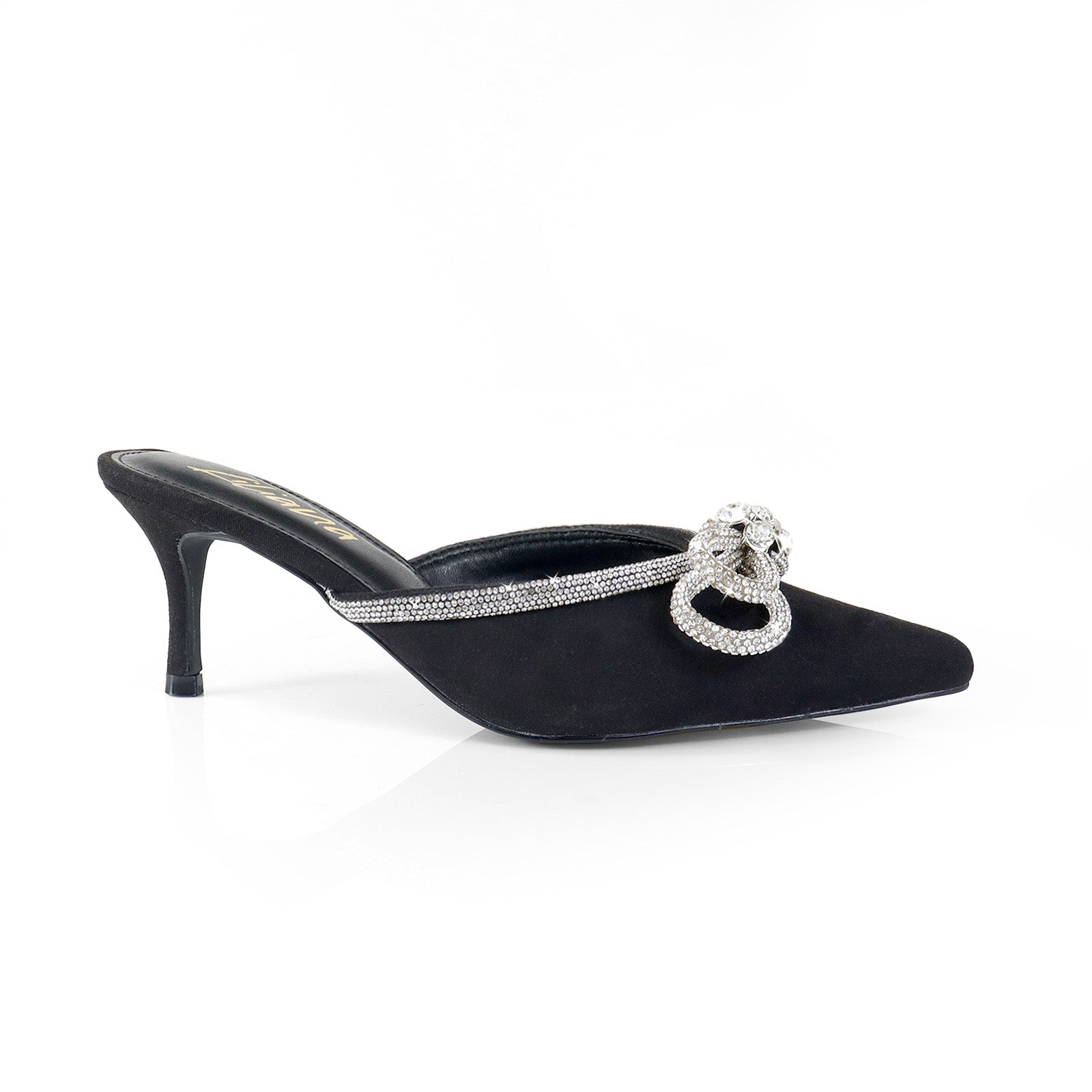 ROMANTIQ-1 POINTED TOE RHINESTONE BOW MULES W/KITTEN BLACK