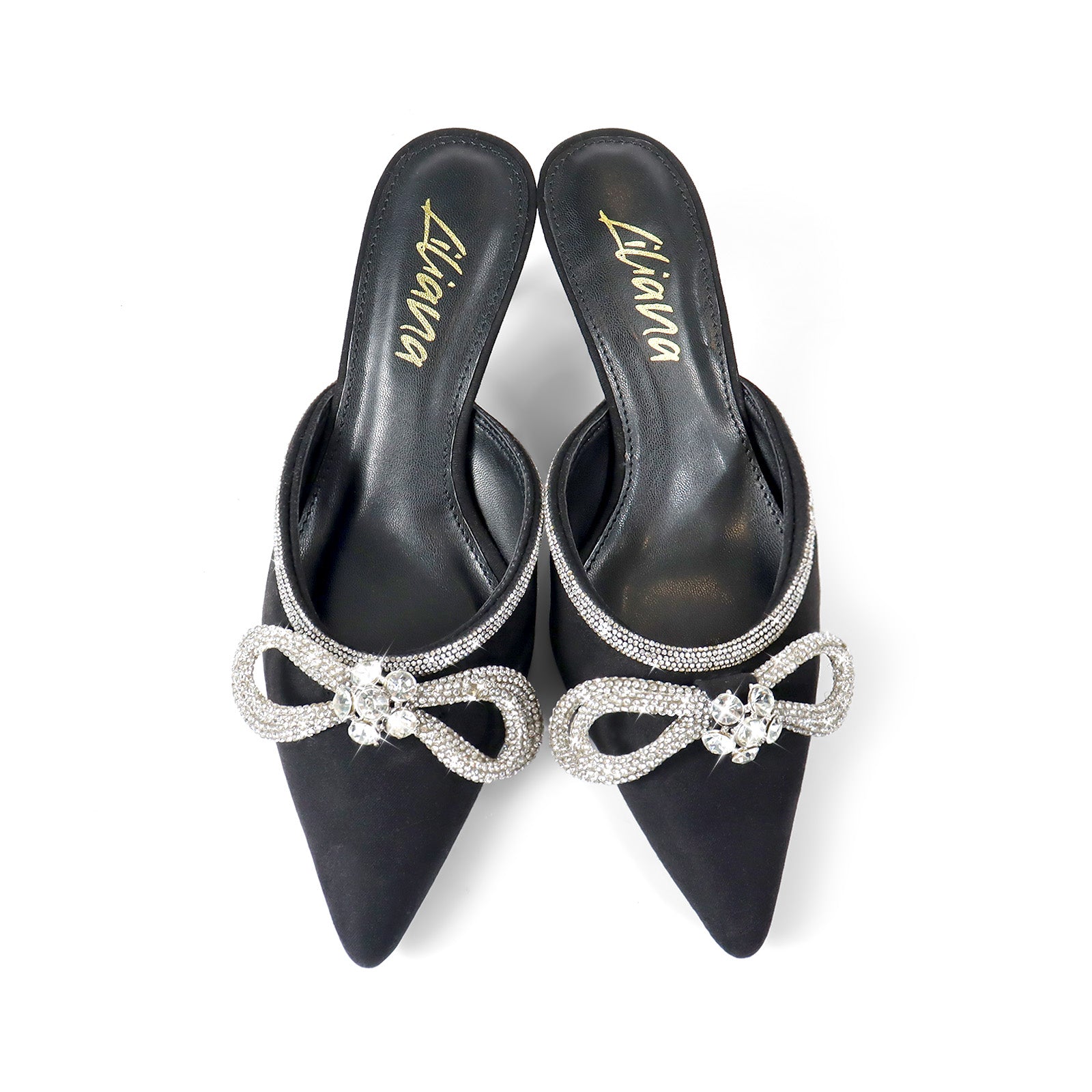 ROMANTIQ-1 POINTED TOE RHINESTONE BOW MULES W/KITTEN BLACK