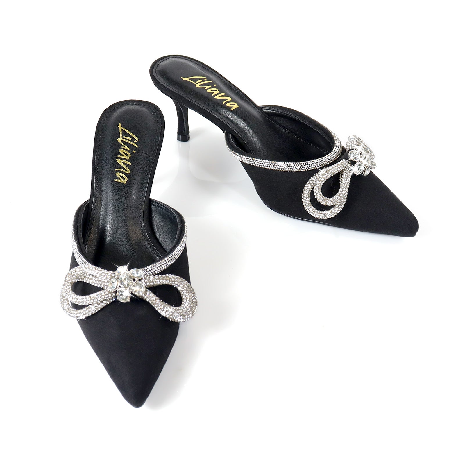 ROMANTIQ-1 POINTED TOE RHINESTONE BOW MULES W/KITTEN BLACK