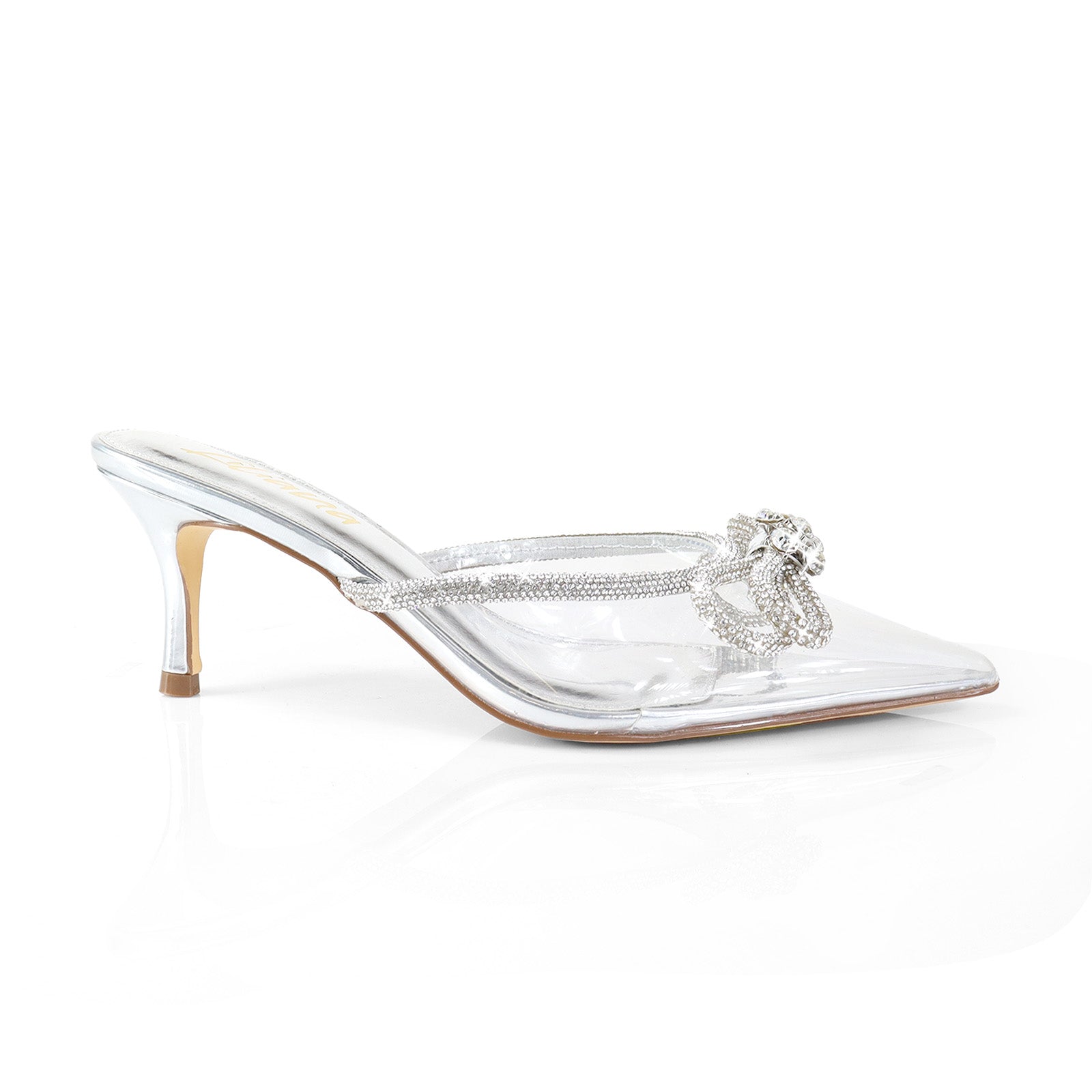 ROMANTIQ-1 POINTED TOE RHINESTONE BOW MULES W/KITTEN CLEAR
