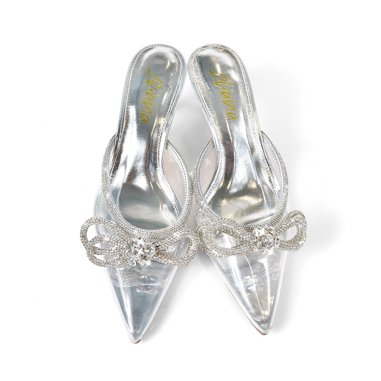 ROMANTIQ-1 POINTED TOE RHINESTONE BOW MULES W/KITTEN CLEAR
