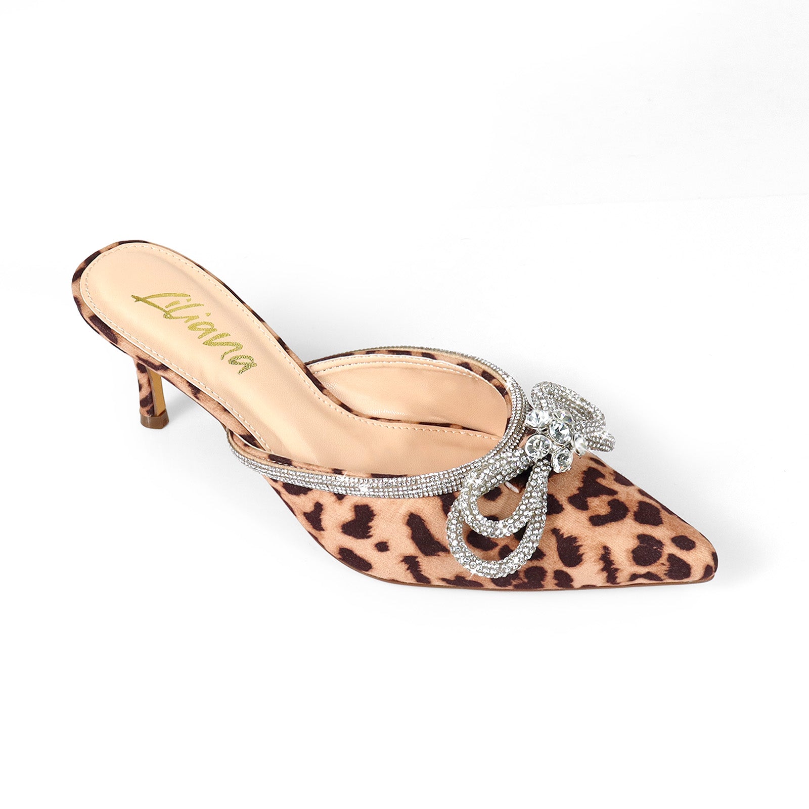 ROMANTIQ-1 POINTED TOE RHINESTONE BOW MULES W/KITTEN LEOPARD