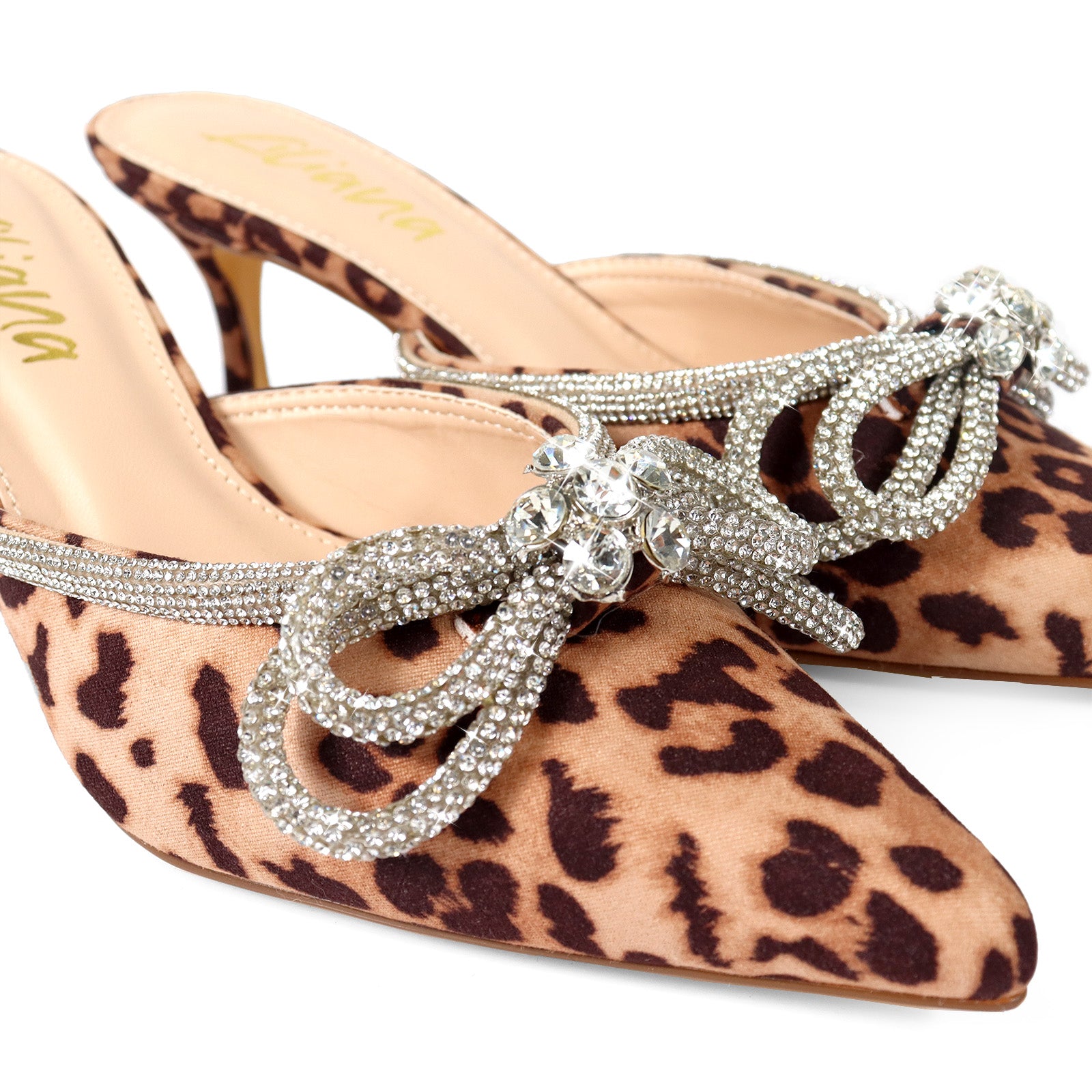 ROMANTIQ-1 POINTED TOE RHINESTONE BOW MULES W/KITTEN LEOPARD
