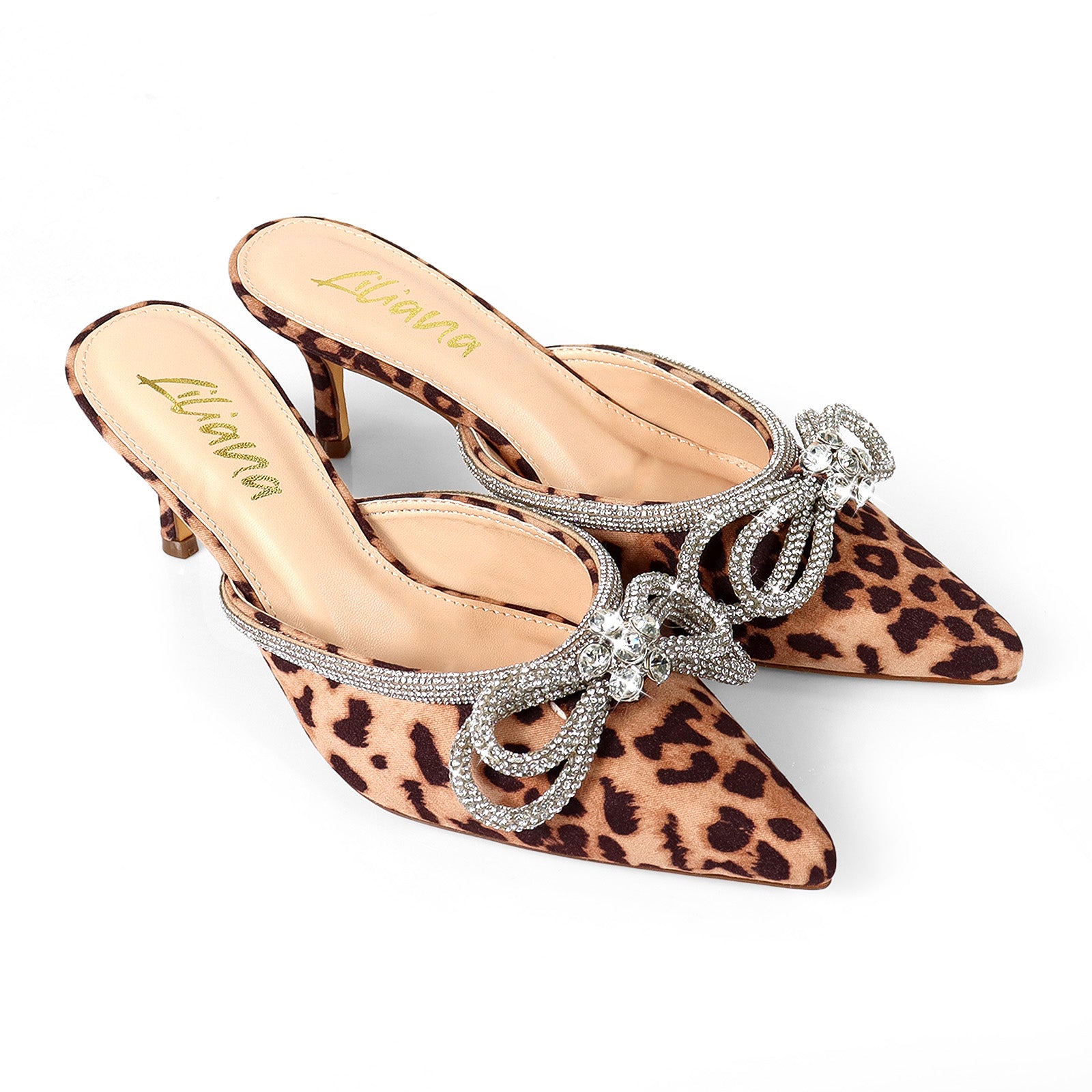 ROMANTIQ-1 POINTED TOE RHINESTONE BOW MULES W/KITTEN LEOPARD