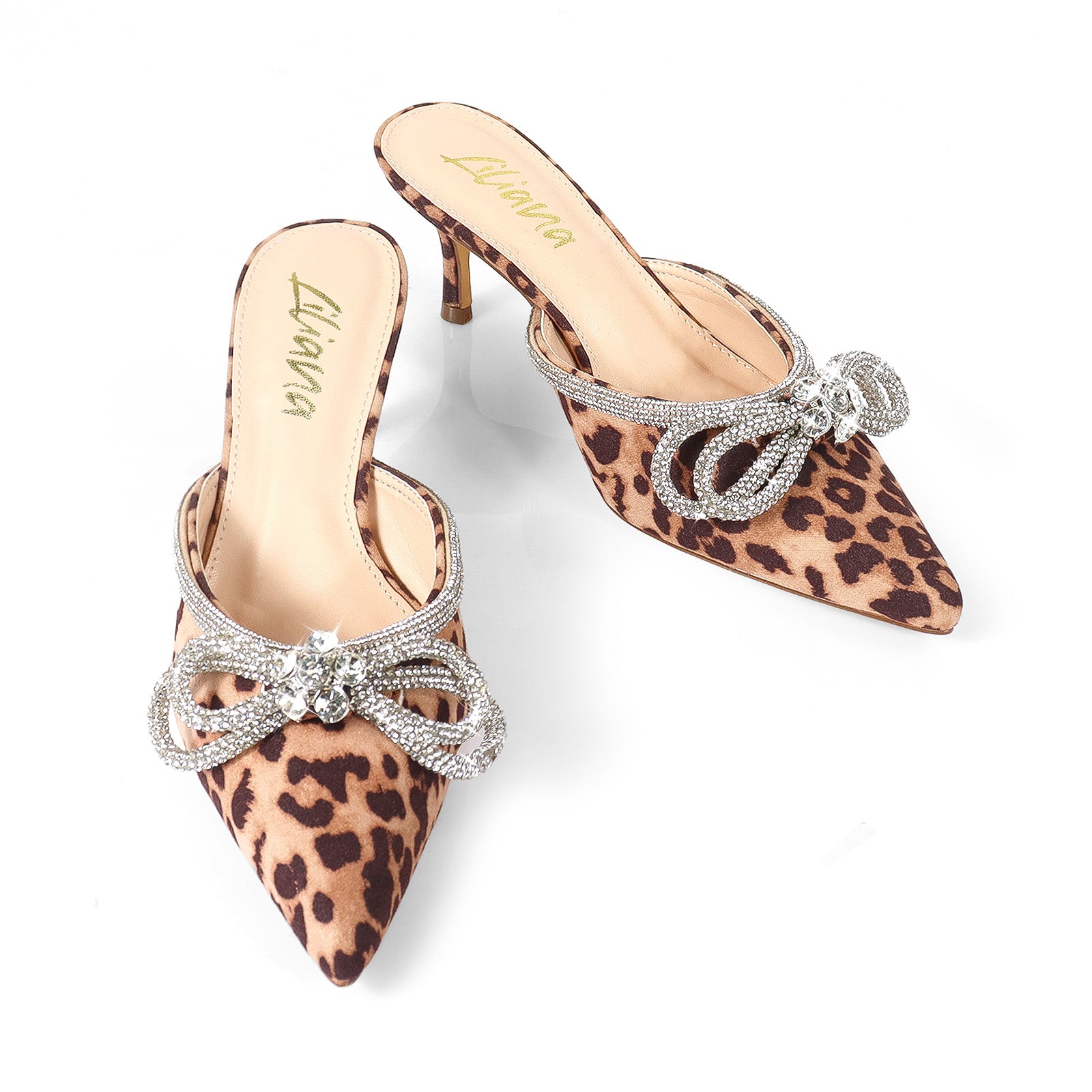 ROMANTIQ-1 POINTED TOE RHINESTONE BOW MULES W/KITTEN LEOPARD