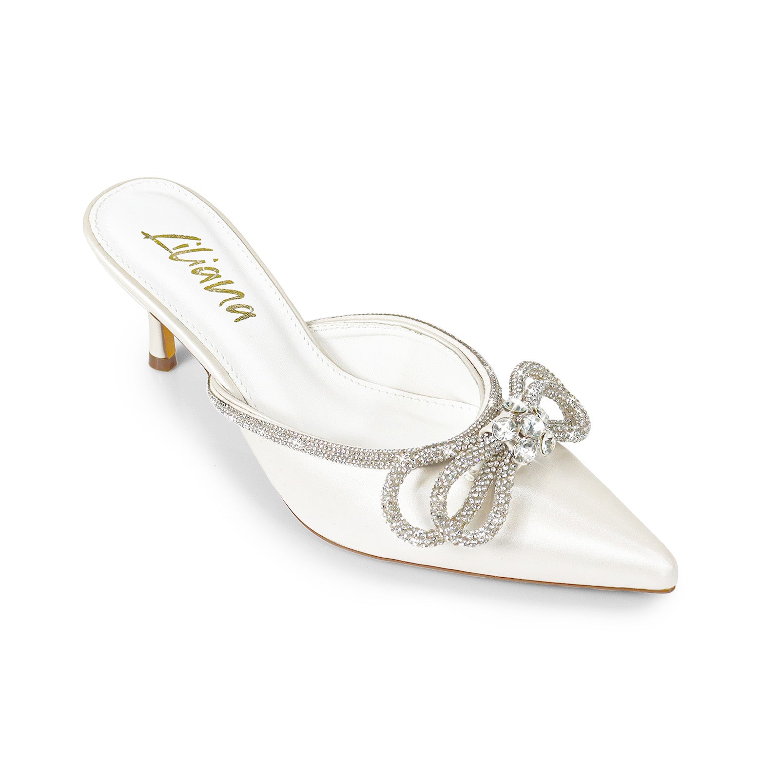 ROMANTIQ-1 POINTED TOE RHINESTONE BOW MULES W/KITTEN WHITE