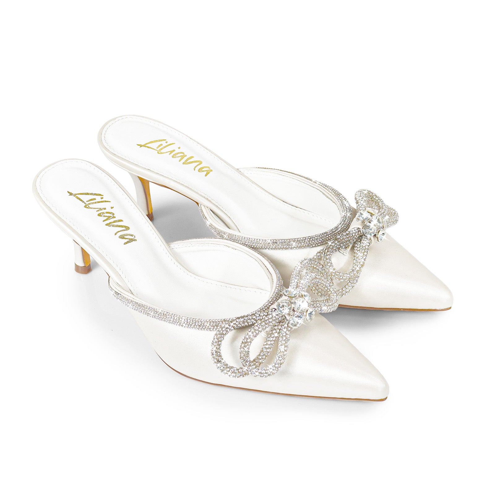 ROMANTIQ-1 POINTED TOE RHINESTONE BOW MULES W/KITTEN WHITE