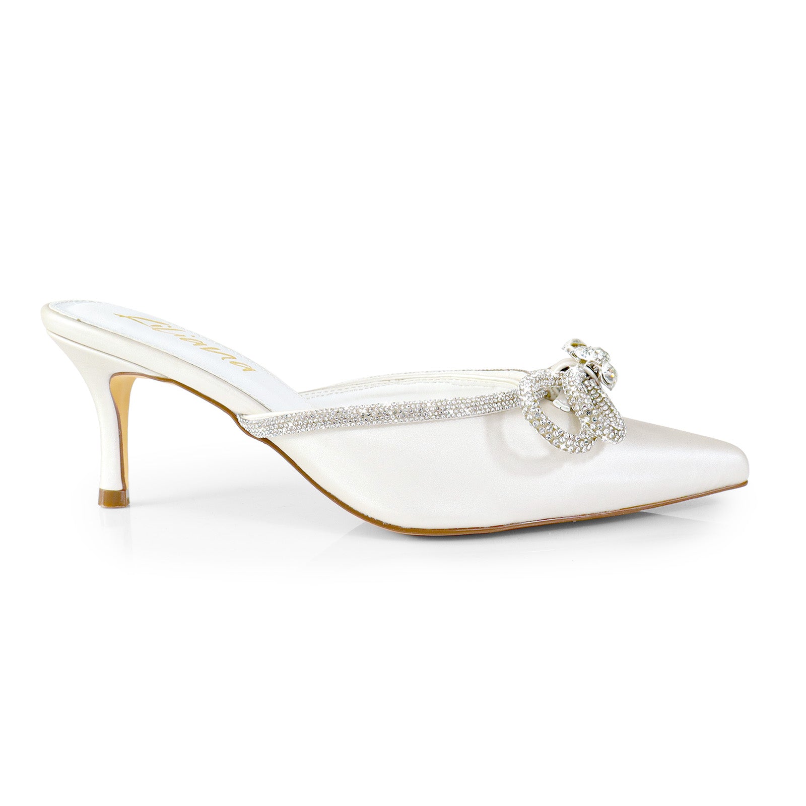 ROMANTIQ-1 POINTED TOE RHINESTONE BOW MULES W/KITTEN WHITE