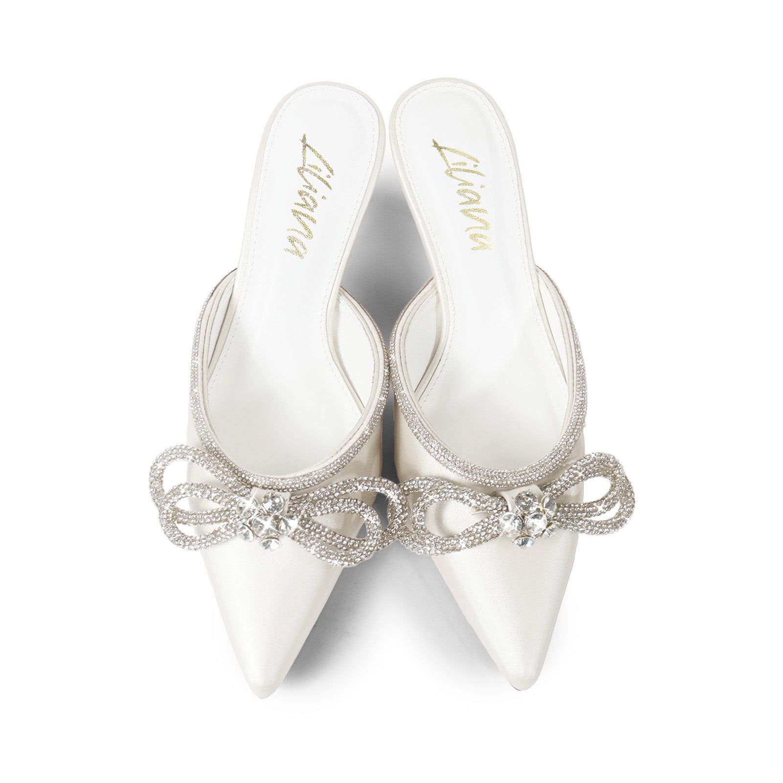 ROMANTIQ-1 POINTED TOE RHINESTONE BOW MULES W/KITTEN WHITE