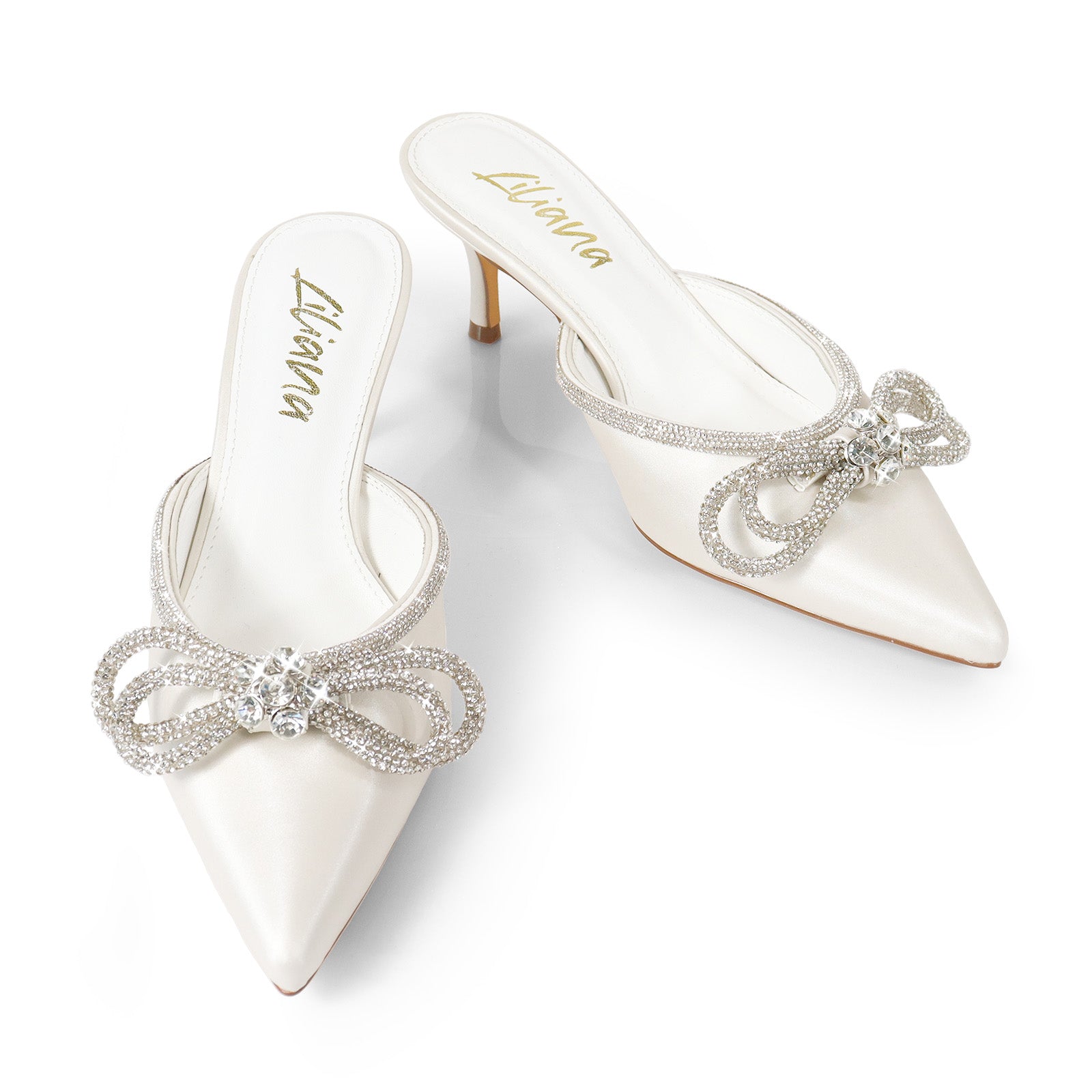 ROMANTIQ-1 POINTED TOE RHINESTONE BOW MULES W/KITTEN WHITE