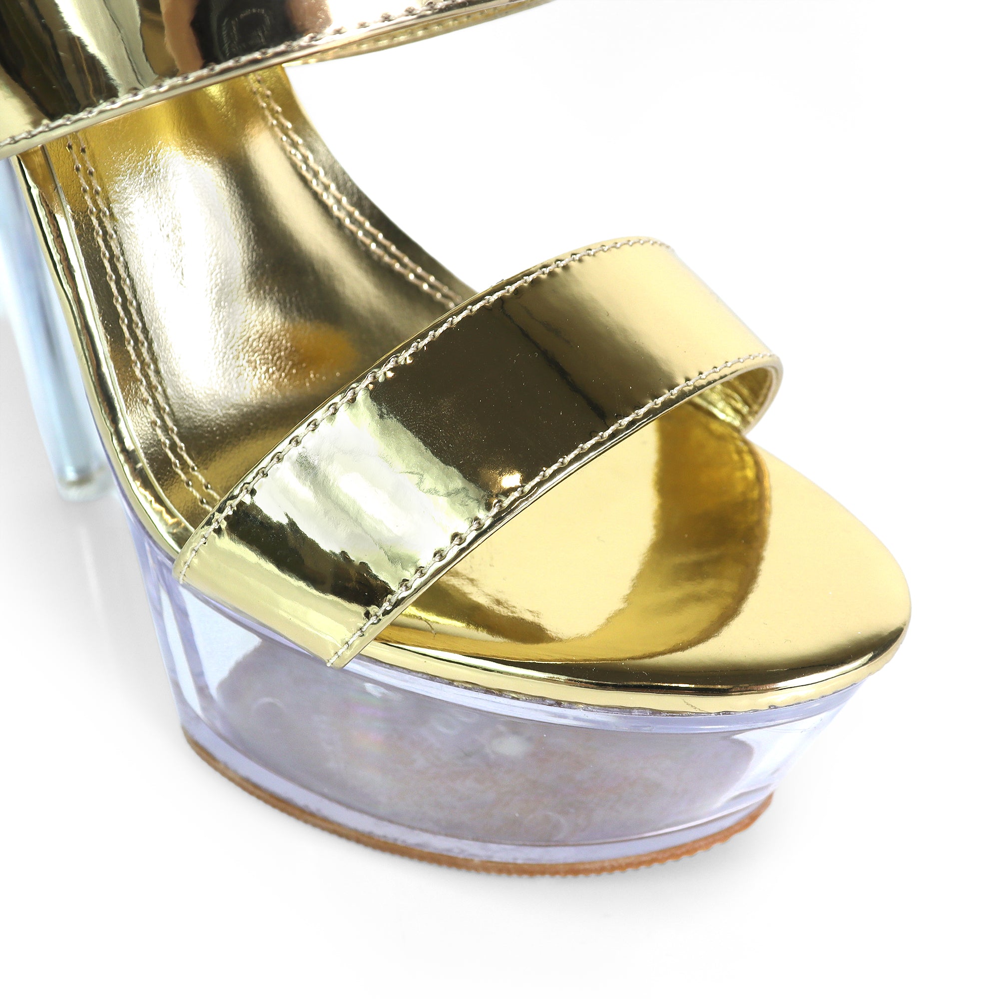 ROWDY-5 TRANSPARENT UPPER PLATFORM HEEL W STILETTO GOLD