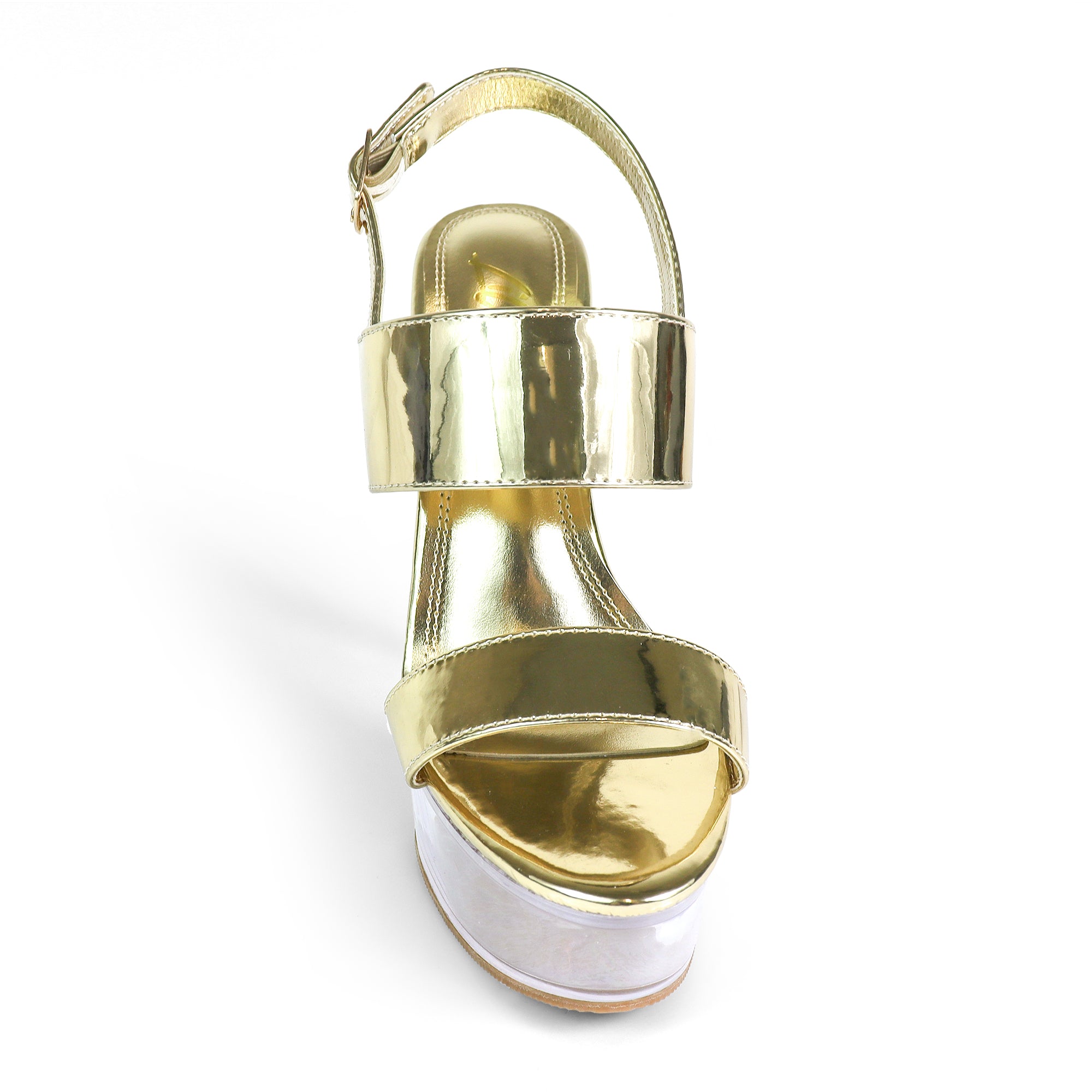 ROWDY-5 TRANSPARENT UPPER PLATFORM HEEL W STILETTO GOLD