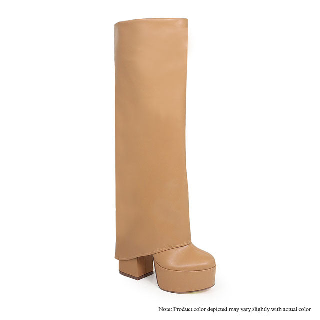 ROY-2 KNEE HIGH OVERLAY BOOTS W/ CHUNKY HEEL - DARK BEIGE