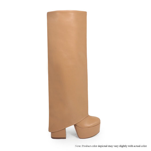 ROY-2 KNEE HIGH OVERLAY BOOTS W/ CHUNKY HEEL - DARK BEIGE