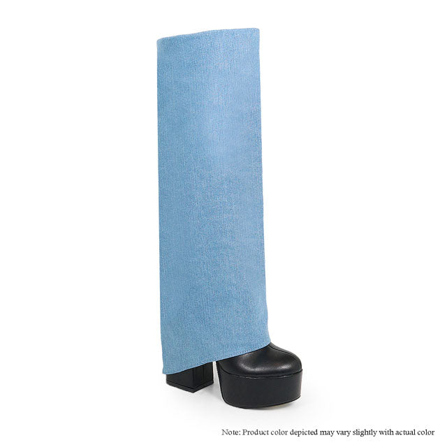 ROY-2 KNEE HIGH OVERLAY BOOTS W/ CHUNKY HEEL - DENIM