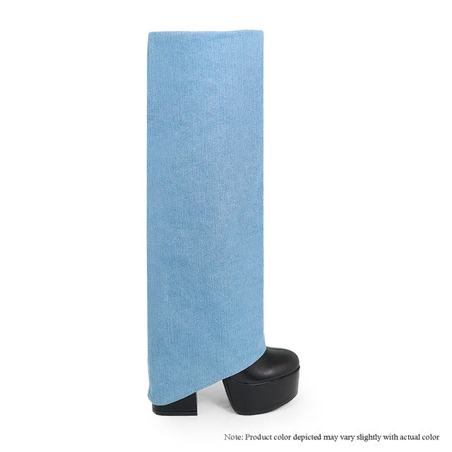 ROY-2 KNEE HIGH OVERLAY BOOTS W/ CHUNKY HEEL - DENIM