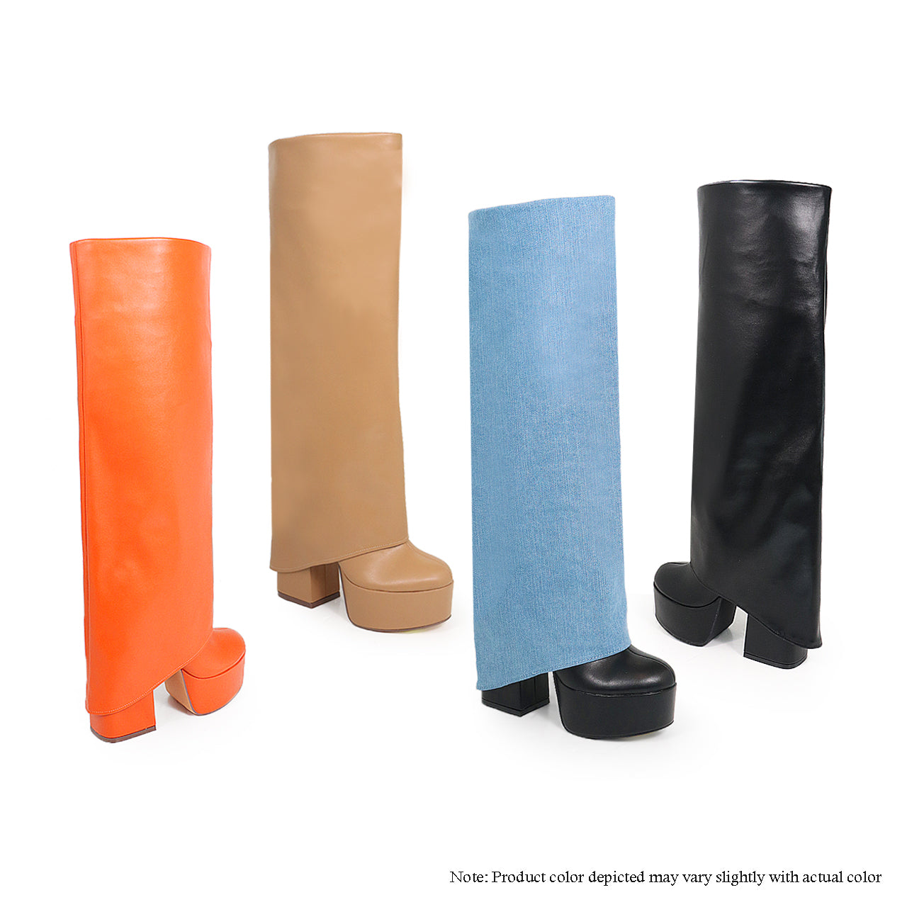 ROY-2 KNEE HIGH OVERLAY BOOTS W/ CHUNKY HEEL - DENIM