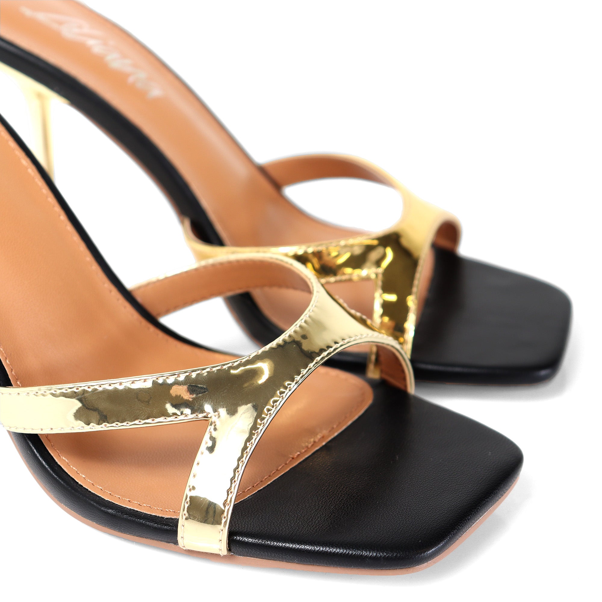 RUTH-2 SQUARED OPEN TOE PATENT MULE W/ PENCIL MID HIGH HEEL GOLD