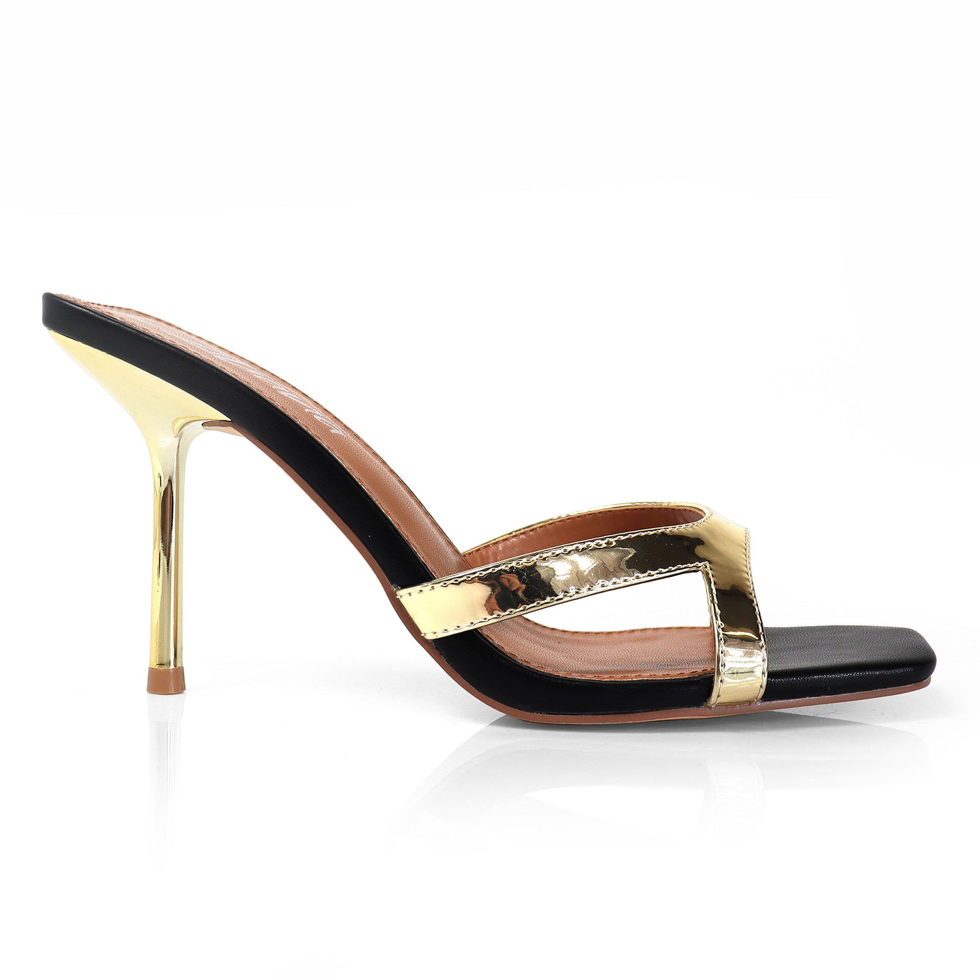 RUTH-2 SQUARED OPEN TOE PATENT MULE W/ PENCIL MID HIGH HEEL GOLD