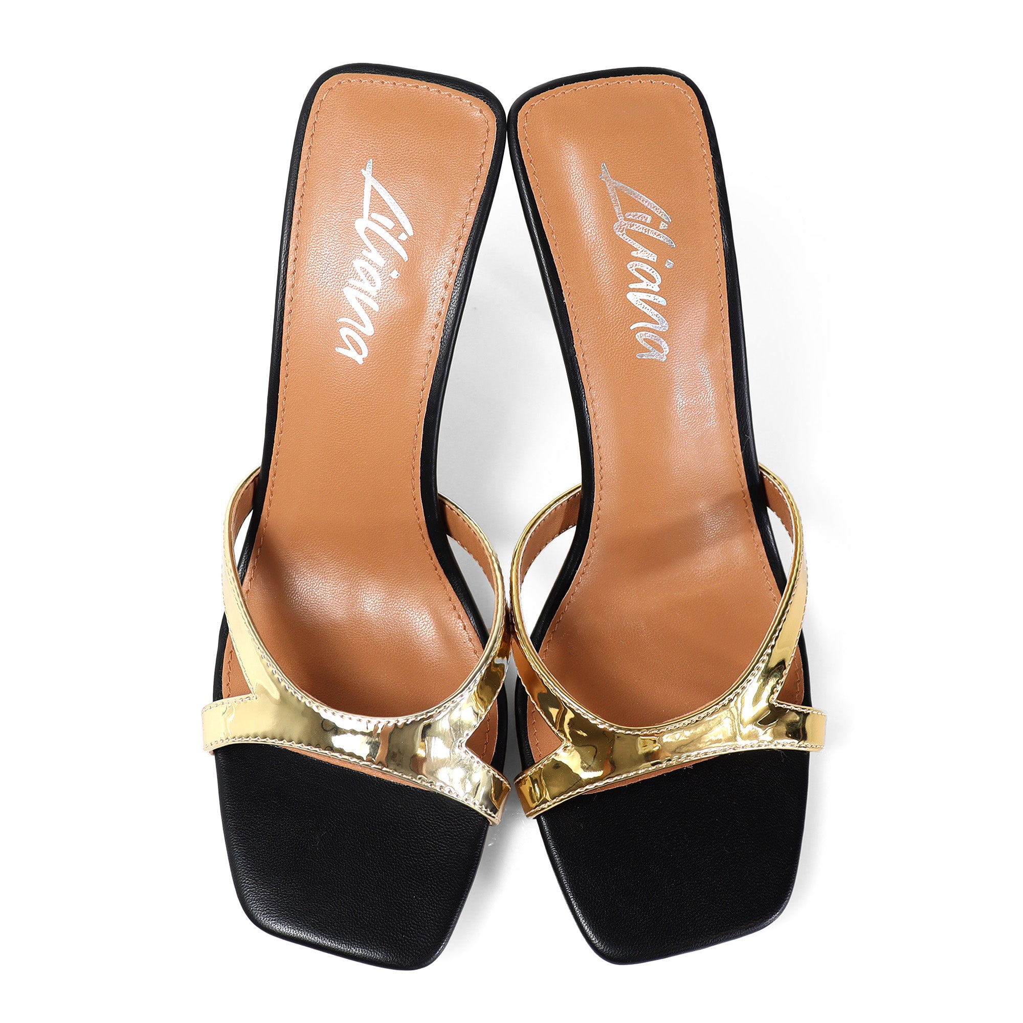 RUTH-2 SQUARED OPEN TOE PATENT MULE W/ PENCIL MID HIGH HEEL GOLD