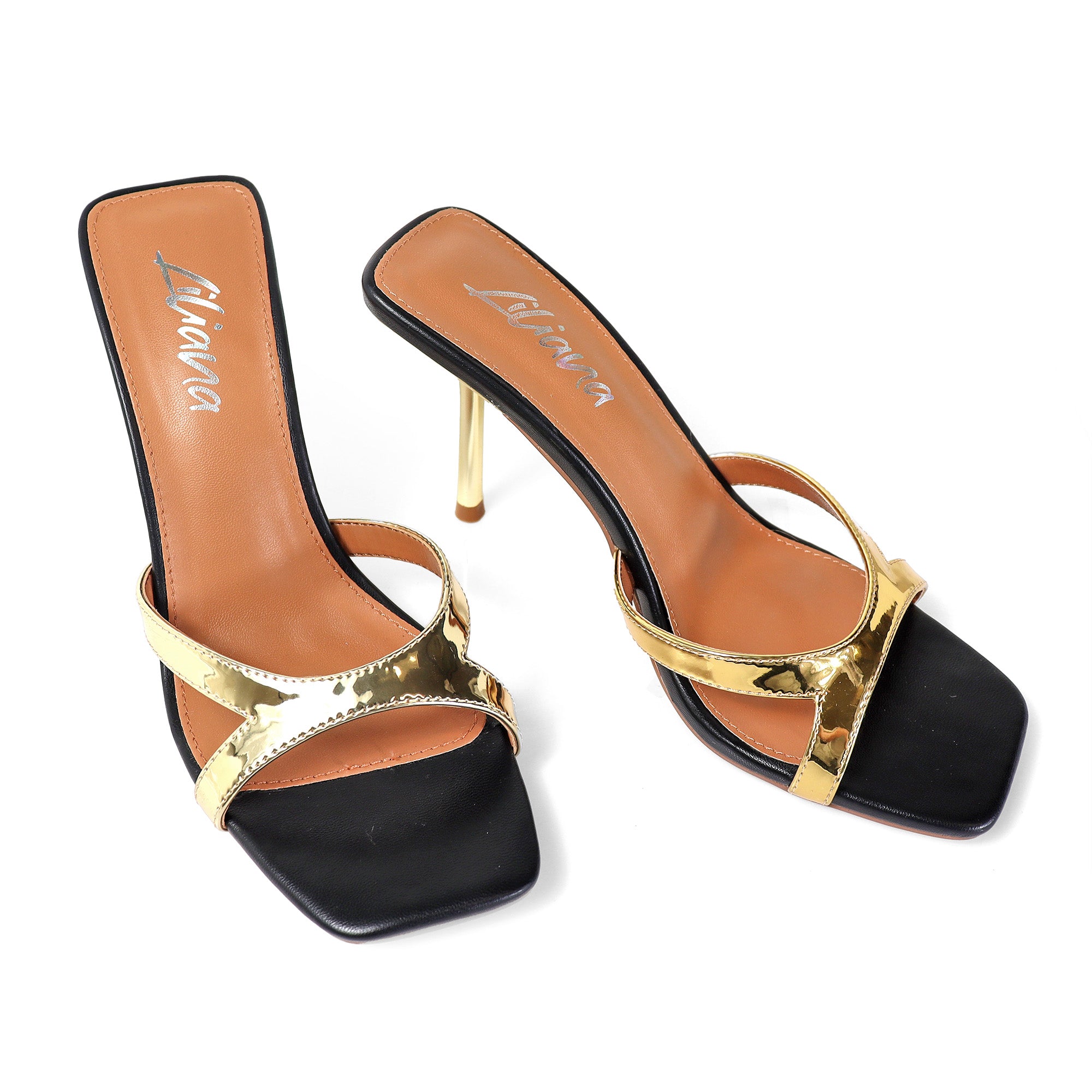 RUTH-2 SQUARED OPEN TOE PATENT MULE W/ PENCIL MID HIGH HEEL GOLD