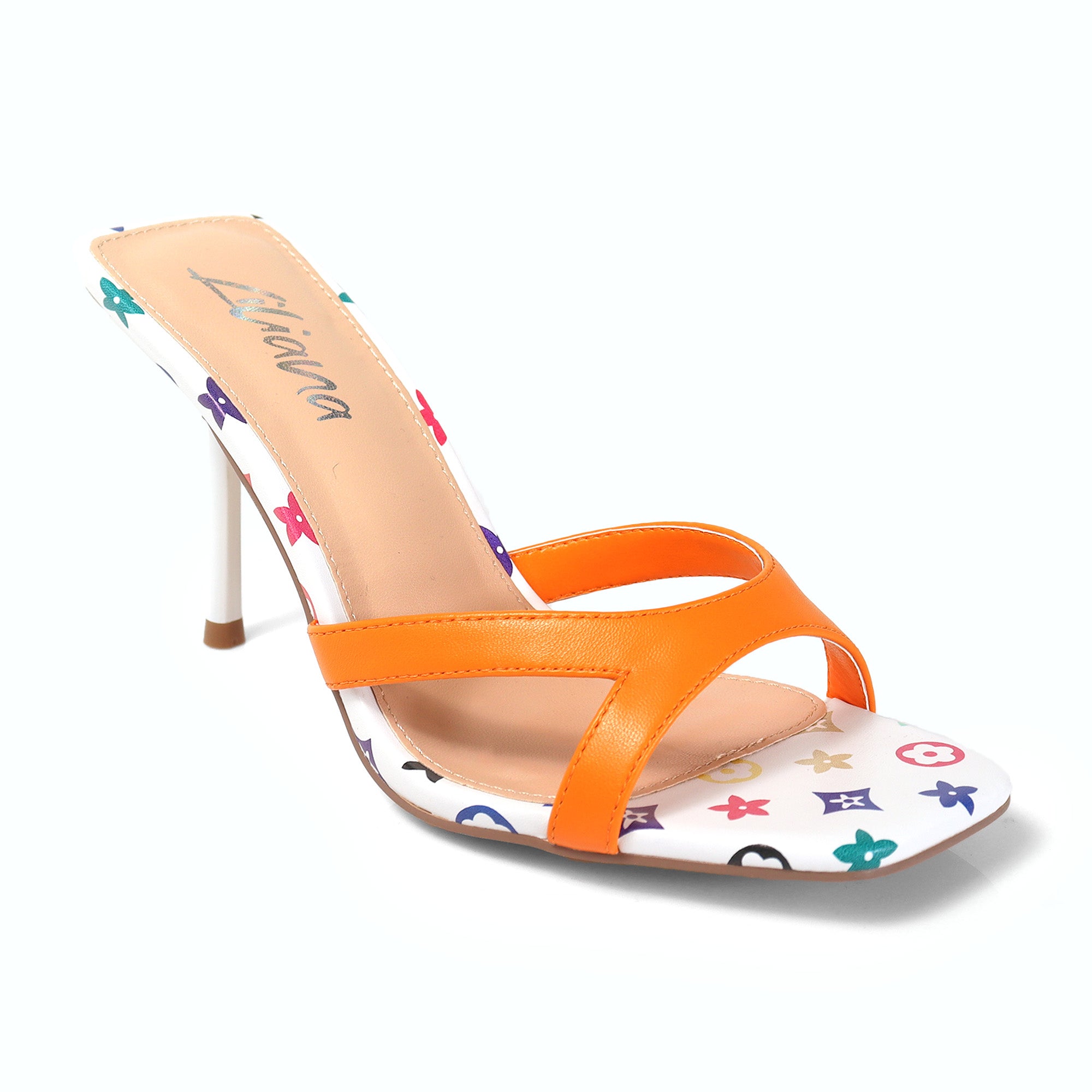 RUTH-2 SQUARED OPEN TOE PATENT MULE W/ PENCIL MID HIGH HEEL ORANGE