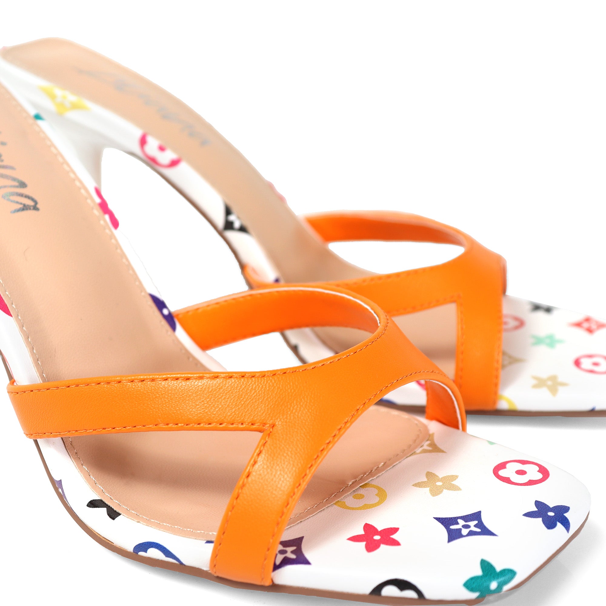 RUTH-2 SQUARED OPEN TOE PATENT MULE W/ PENCIL MID HIGH HEEL ORANGE