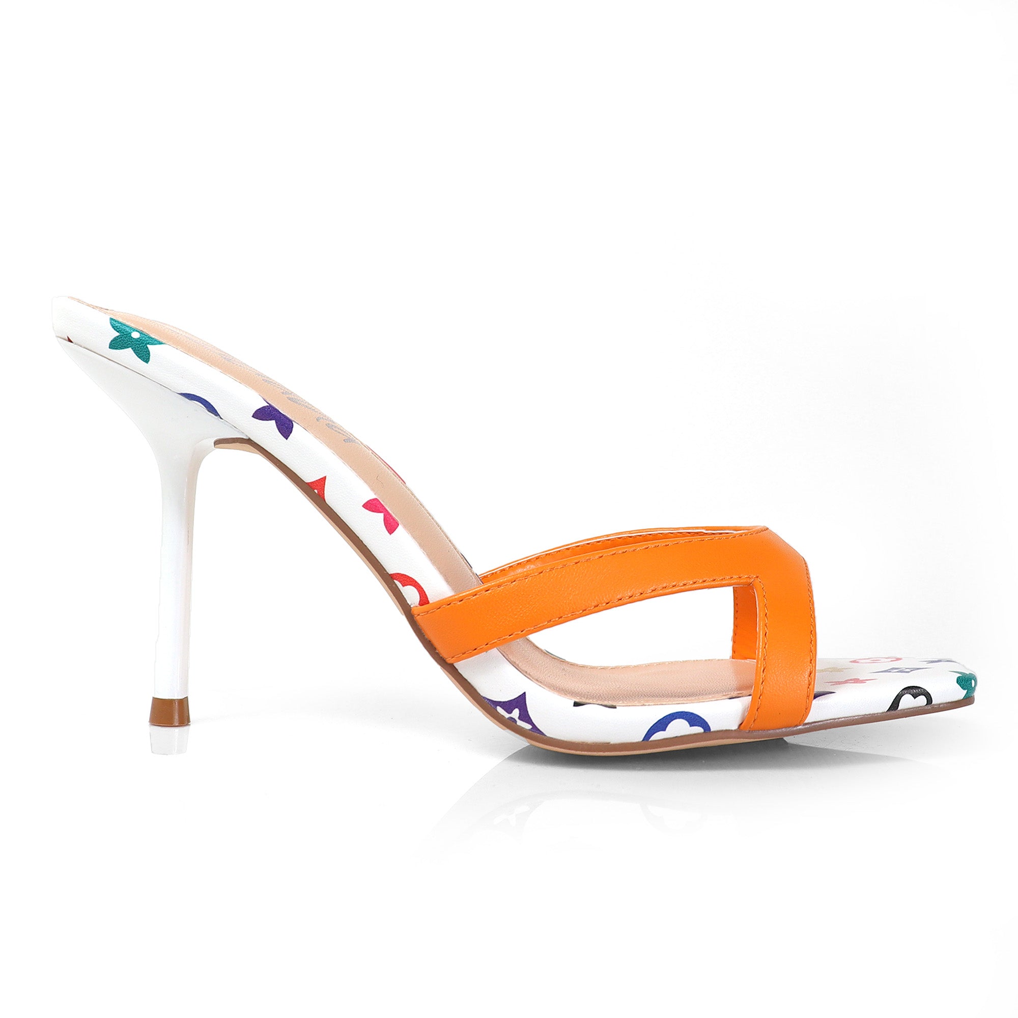 RUTH-2 SQUARED OPEN TOE PATENT MULE W/ PENCIL MID HIGH HEEL ORANGE