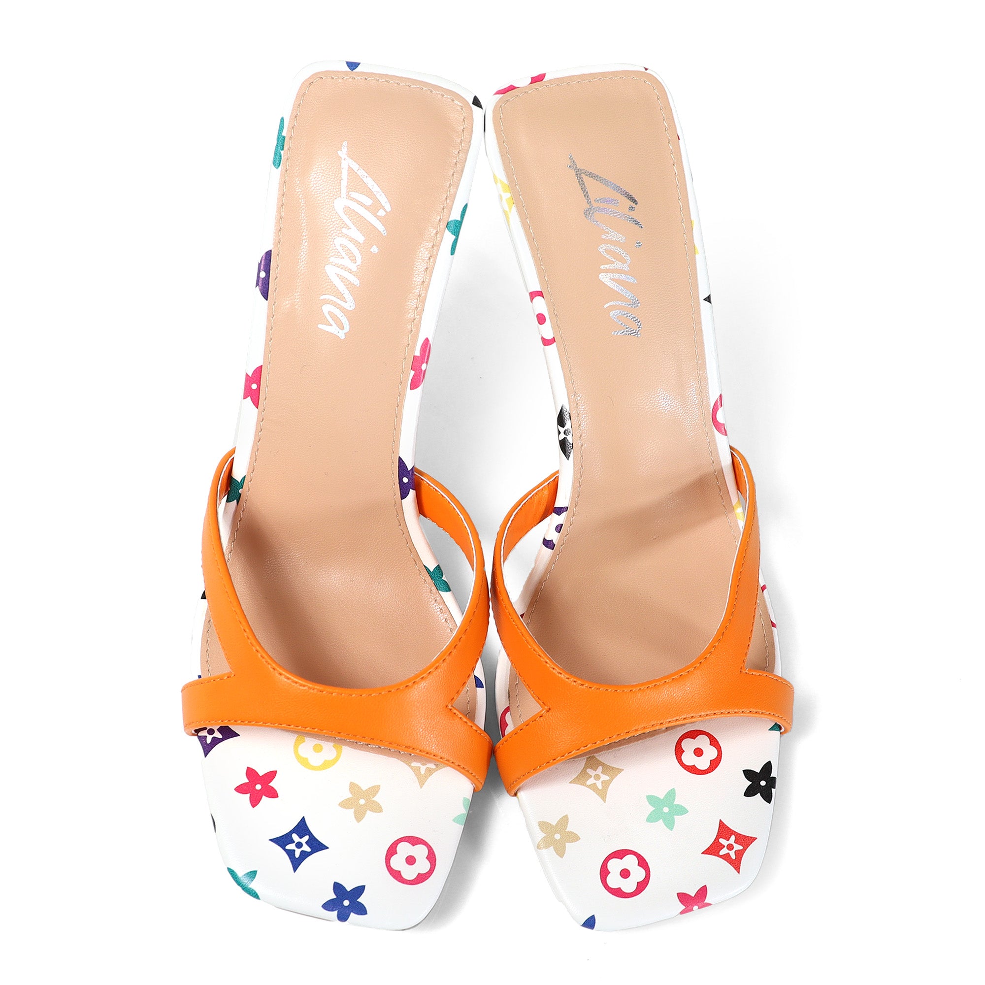 RUTH-2 SQUARED OPEN TOE PATENT MULE W/ PENCIL MID HIGH HEEL ORANGE