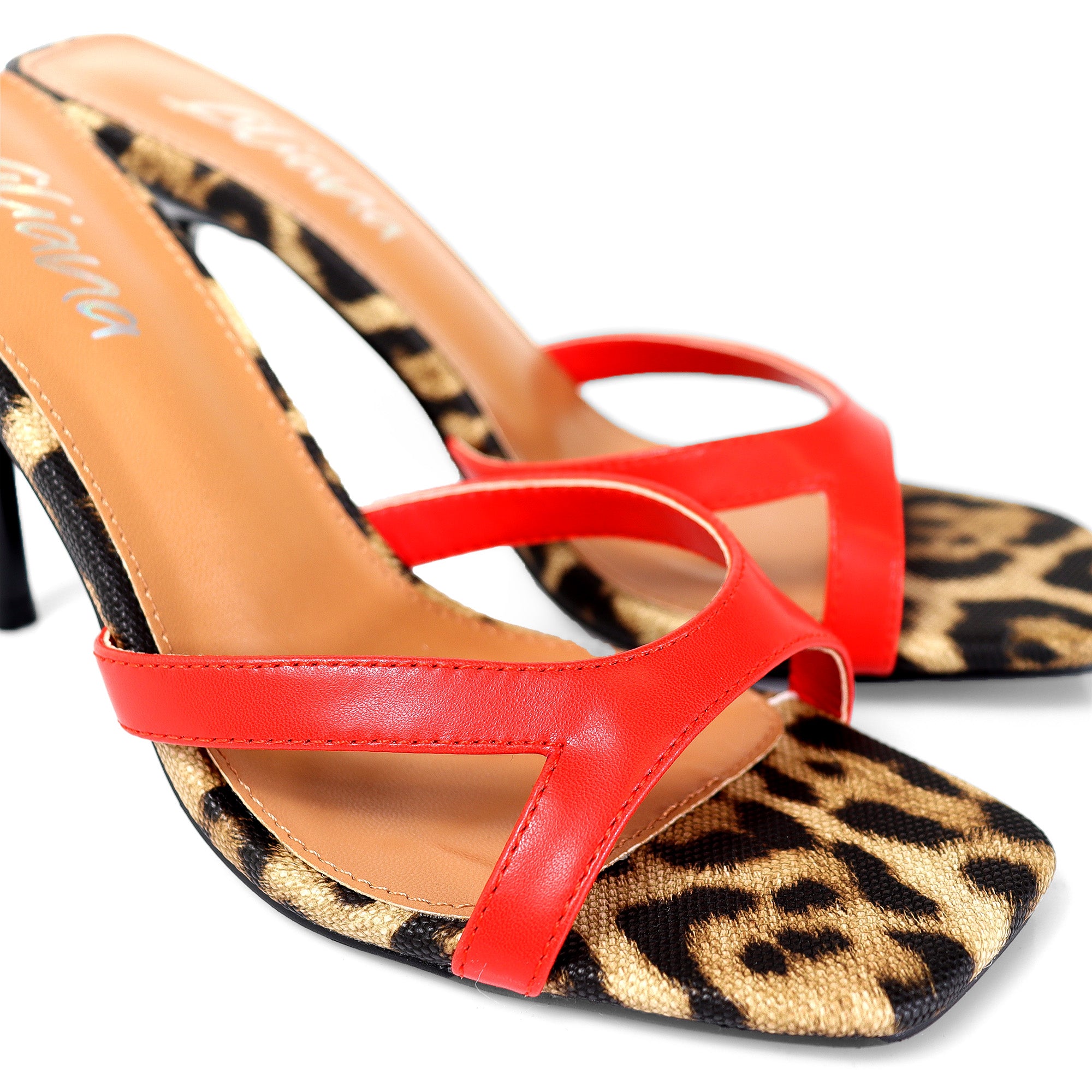 RUTH-2 SQUARED OPEN TOE PATENT MULE W/ PENCIL MID HIGH HEEL RED