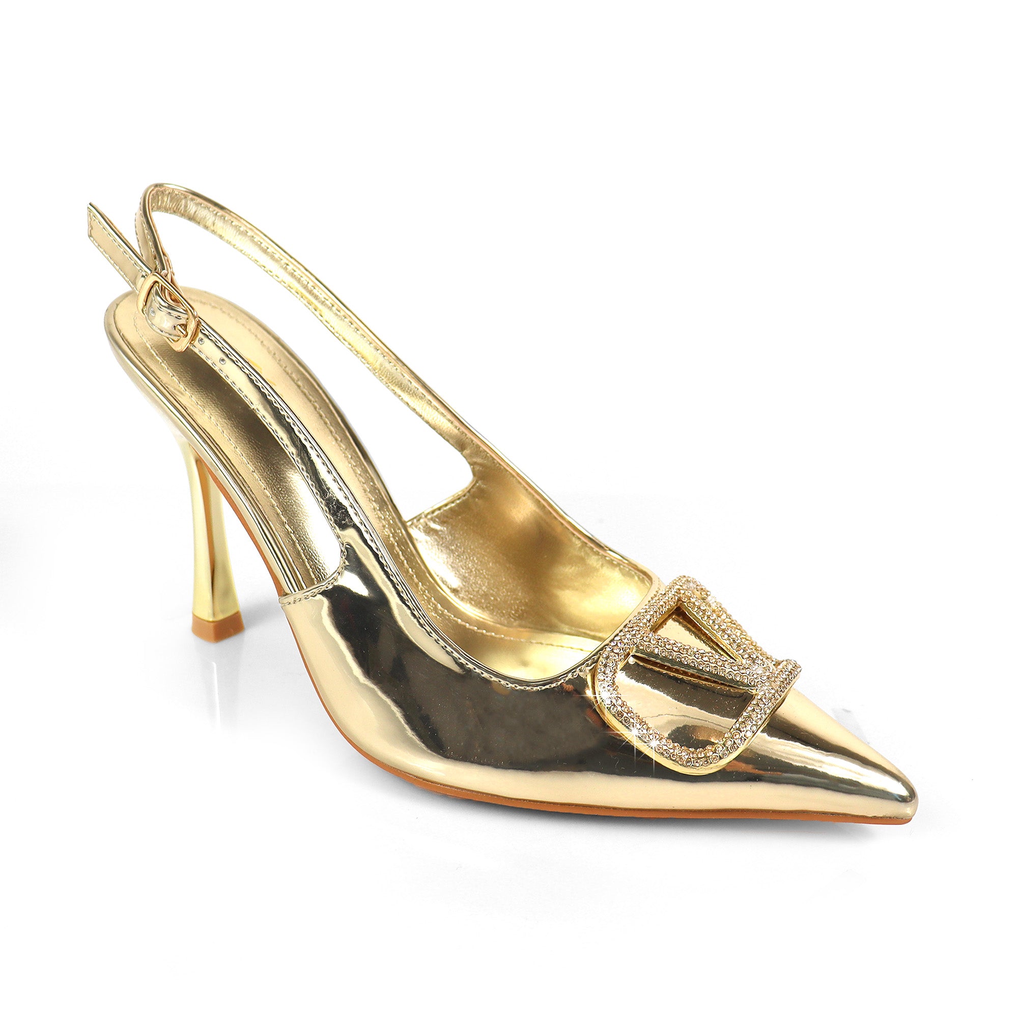 SAKINA-1 POINTED TOE RHINESTONE BUCKLE W/SLINGBACK PUMP GOLD