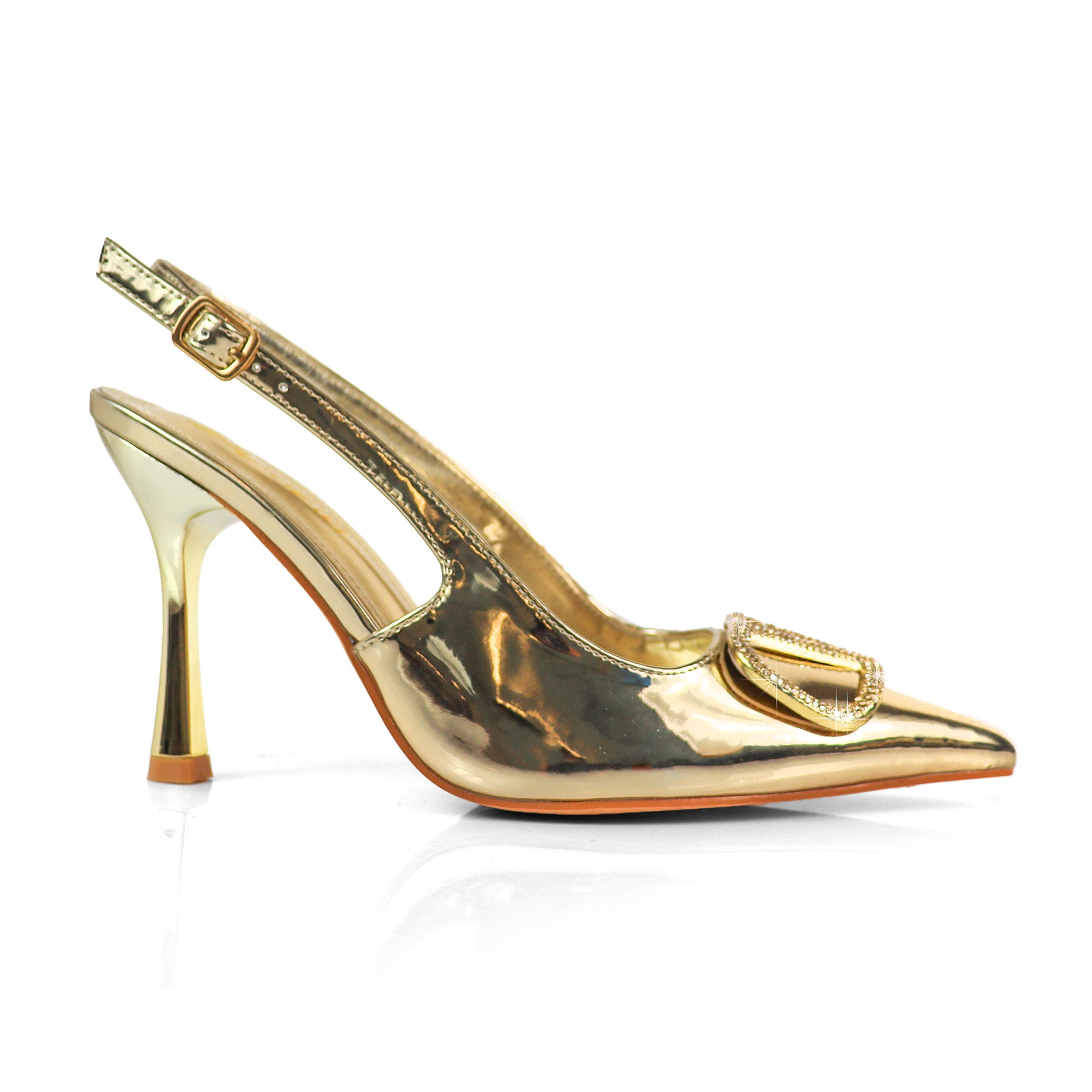 SAKINA-1 POINTED TOE RHINESTONE BUCKLE W/SLINGBACK PUMP GOLD