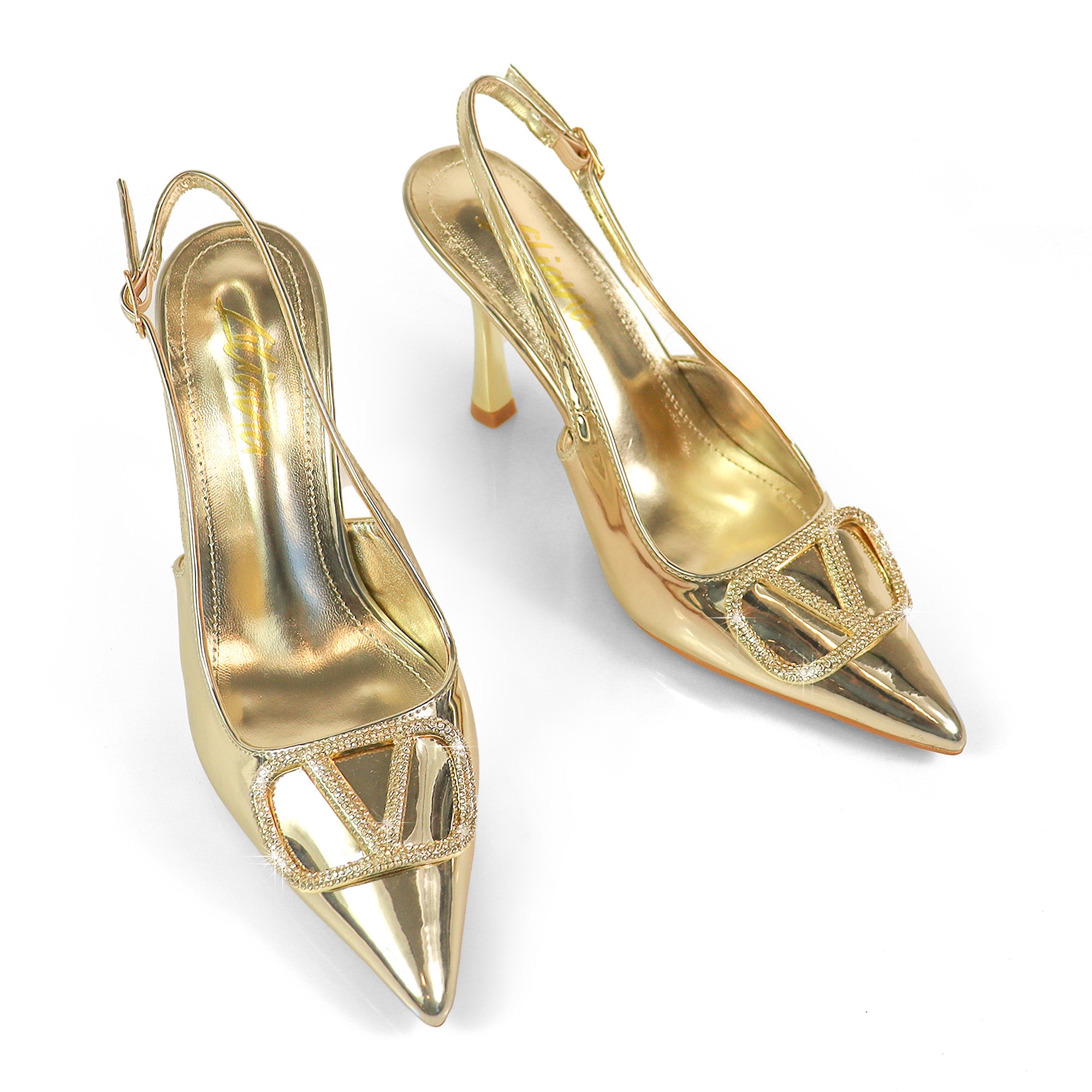 SAKINA-1 POINTED TOE RHINESTONE BUCKLE W/SLINGBACK PUMP GOLD