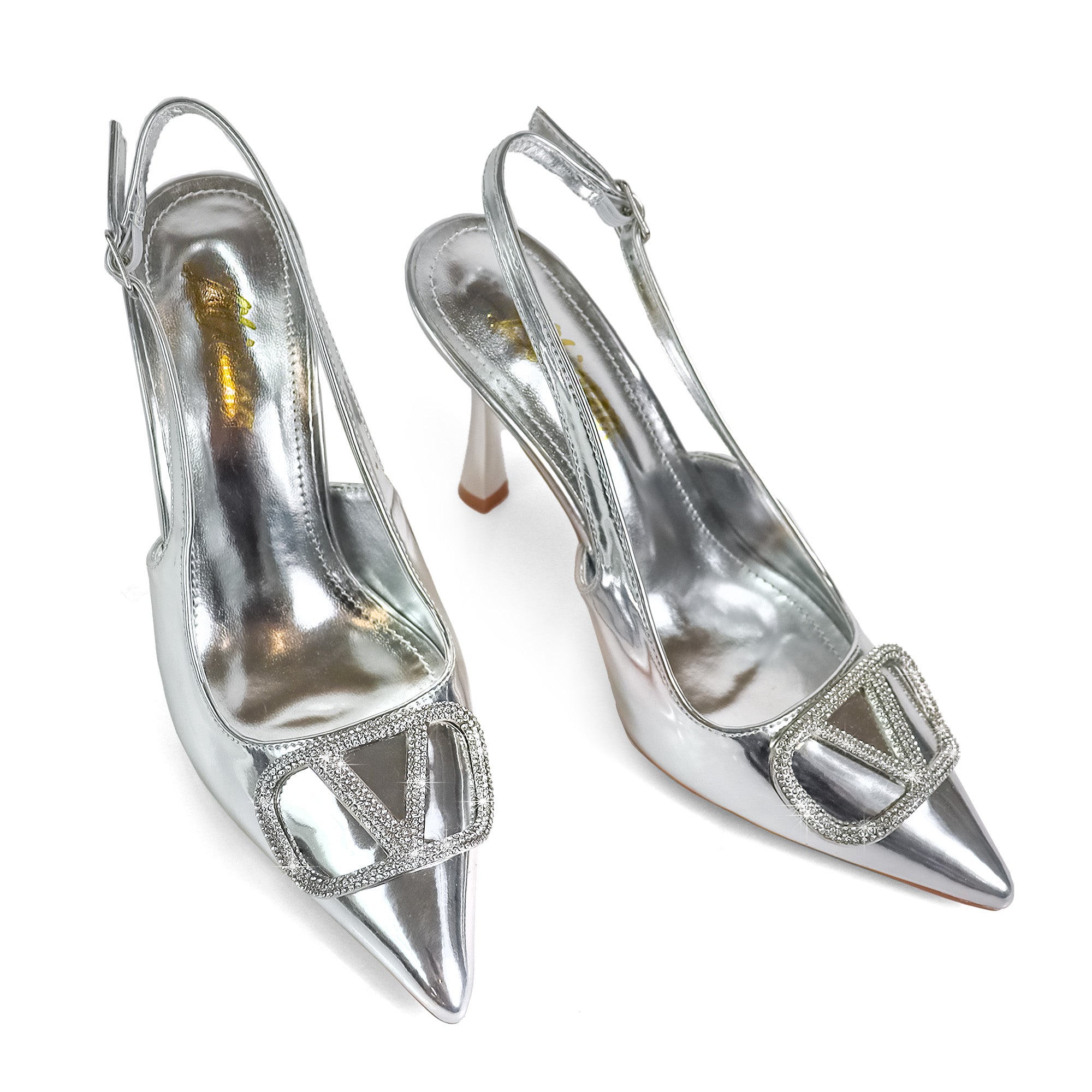 SAKINA-1 POINTED TOE RHINESTONE BUCKLE W/SLINGBACK PUMP SILVER
