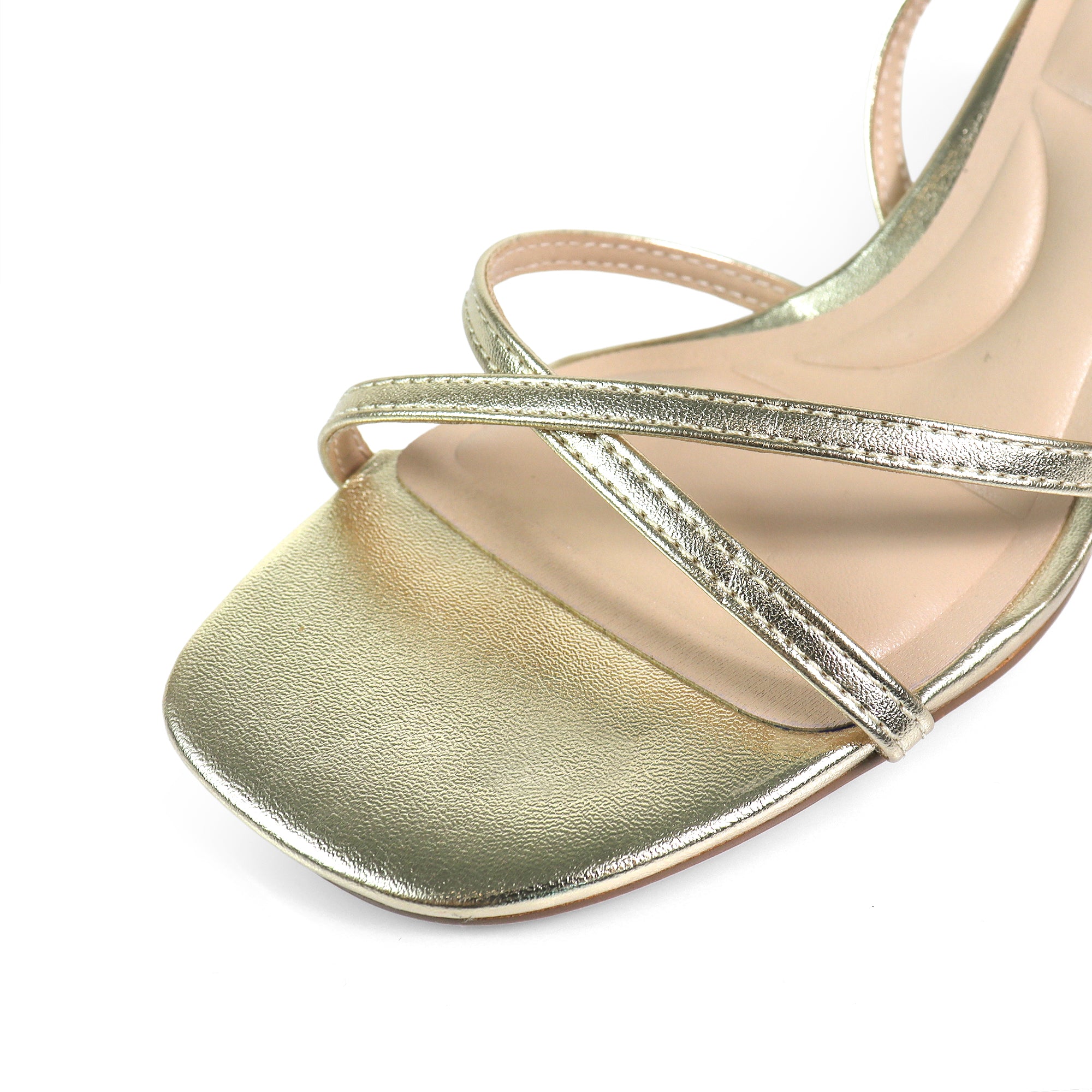 SANSANA-2 ALMOND OPEN TOE ANKLE STRAP W/ MID HIGH HEEL GOLD